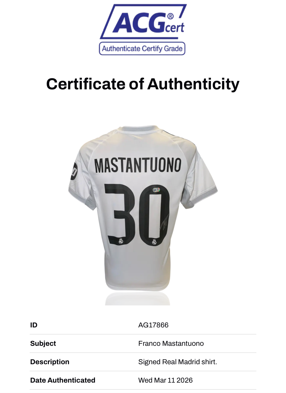 FRANCO MASTANTUONO SIGNED REAL MADRID 2025/26 HOME SHIRT (ACG CERT AG17866)
