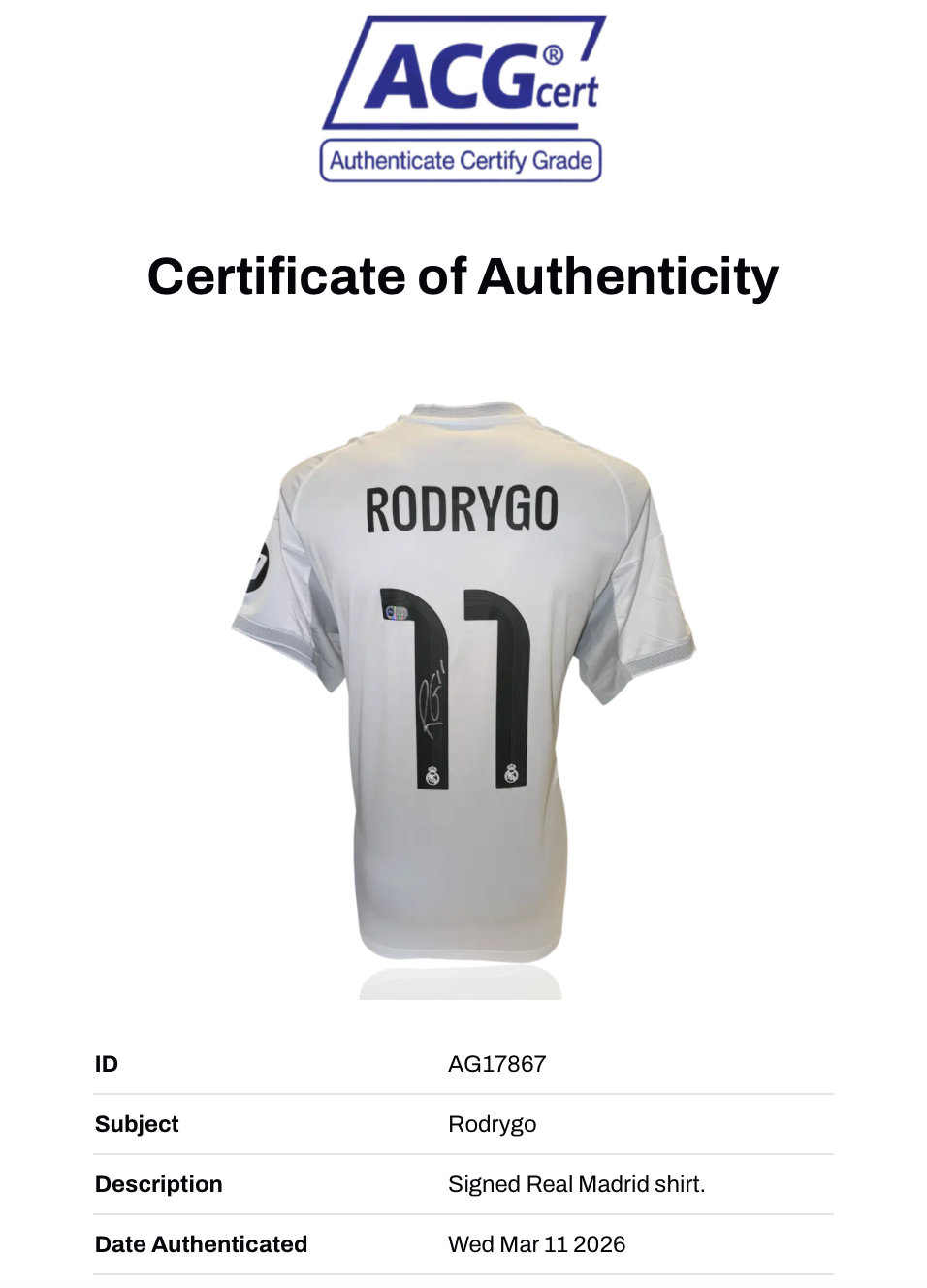 RODRYGO SIGNED REAL MADRID 2025/26 HOME SHIRT (ACG CERT AG17867)