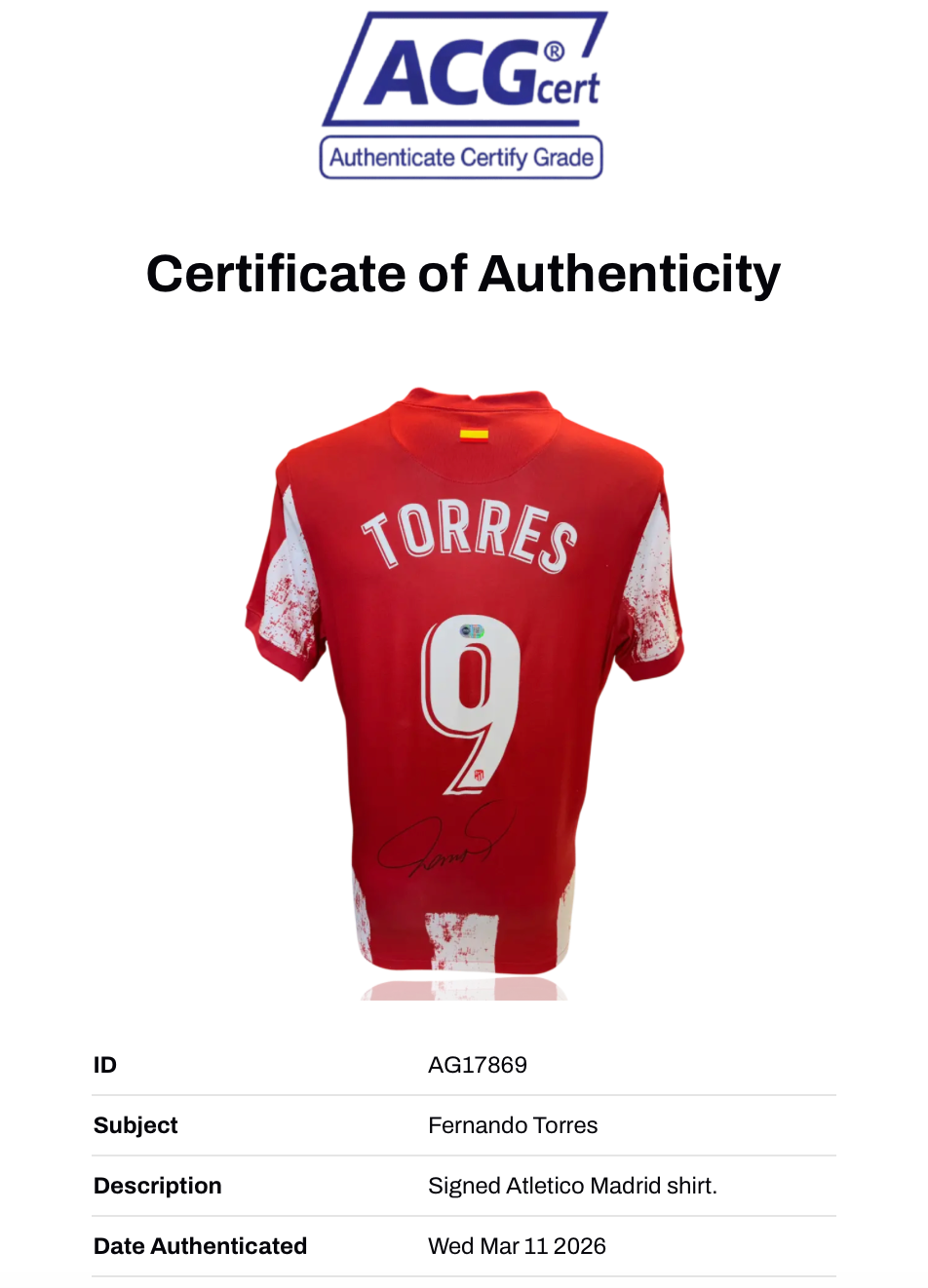 FERNANDO TORRES SIGNED ATLETICO MADRID HOME SHIRT (ACG CERT AG17869)