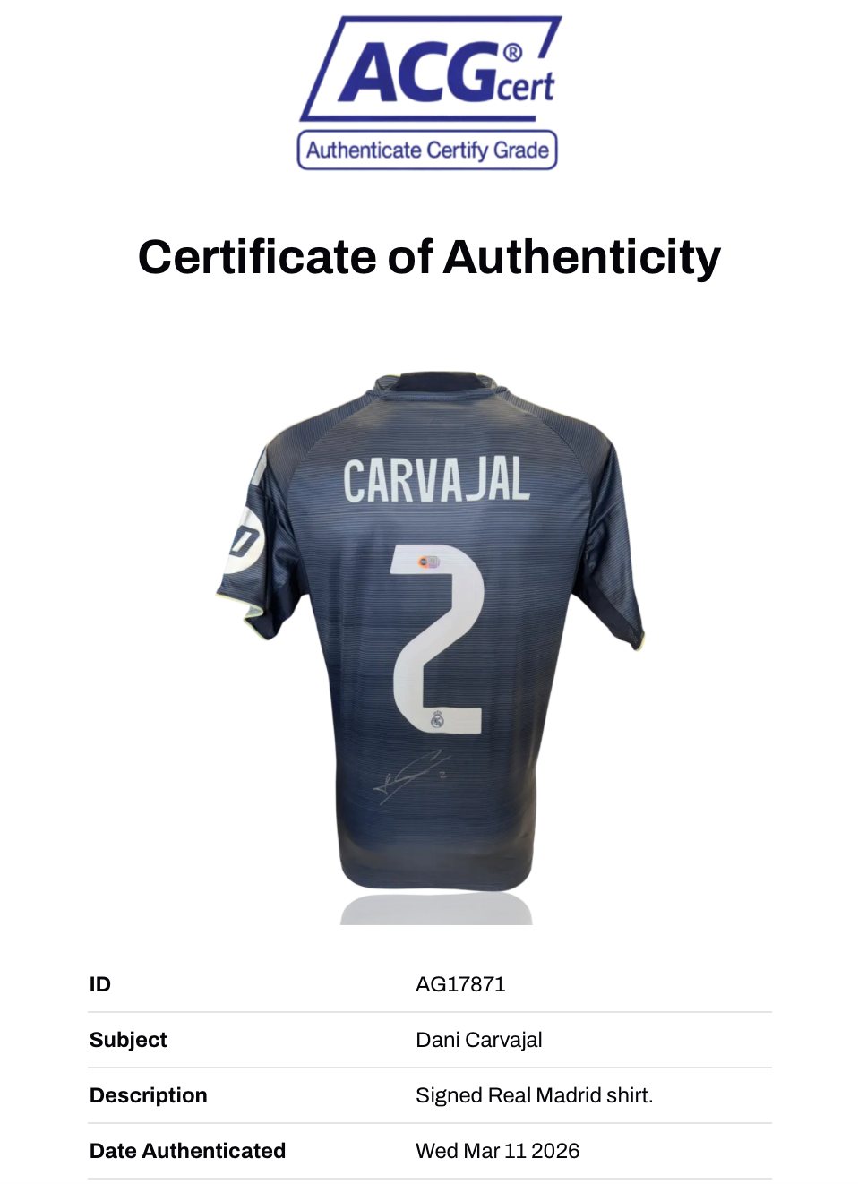 DANI CARVAJAL SIGNED REAL MADRID 2025/26 AWAY SHIRT (ACG CERT AG17871)