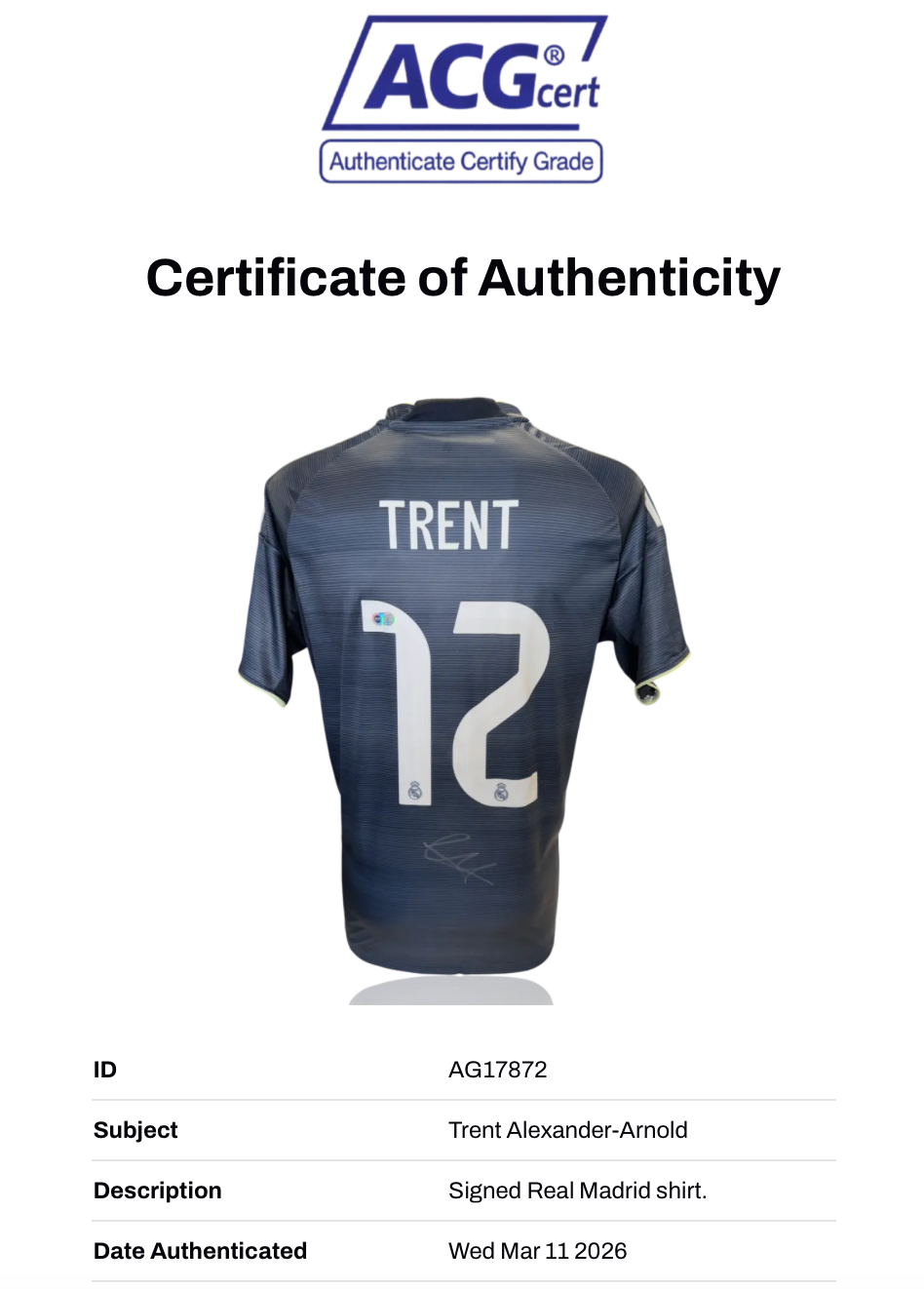 TRENT ALEXANDER-ARNOLD SIGNED REAL MADRID 2025/26 AWAY SHIRT (ACG CERT AG17872)