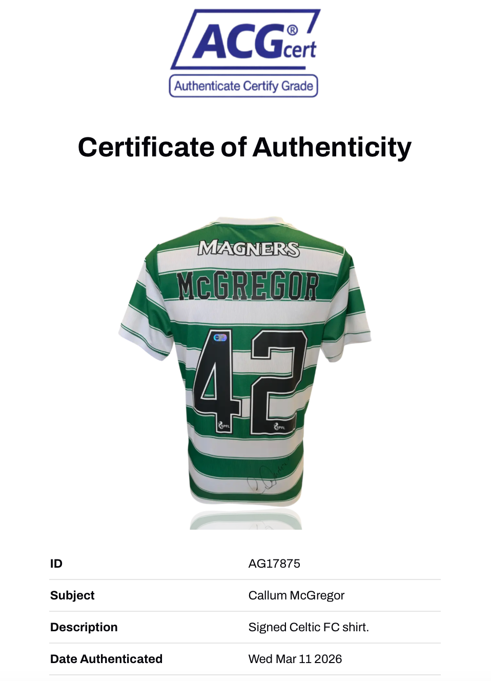 CALLUM MCGREGOR SIGNED CELTIC FC 2021/22 HOME SHIRT (ACG CERT AG17875)