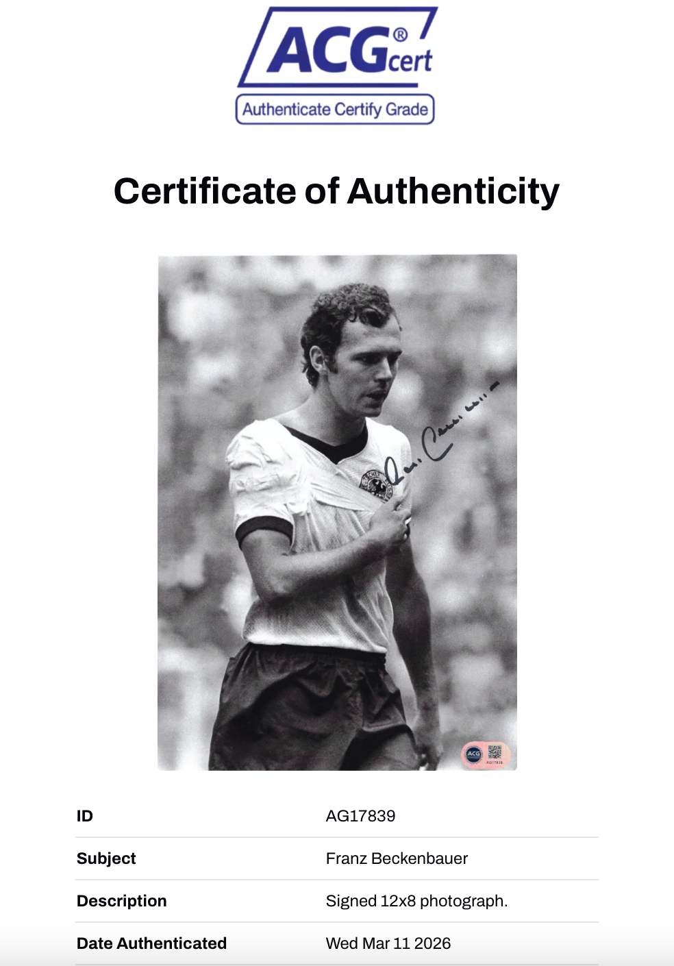 FRANZ BECKENBAUER SIGNED 12X8 FOOTBALL LEGEND PHOTO (ACG CERT AG17839)