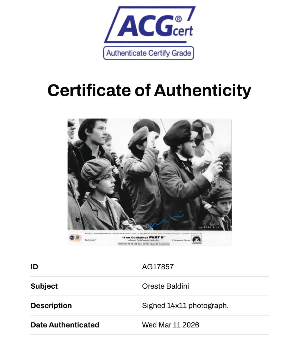 ORESTE BALDINI SIGNED THE GODFATHER 2 VITO ANDOLINI 14x11 PHOTO (ACG CERT AG17857)