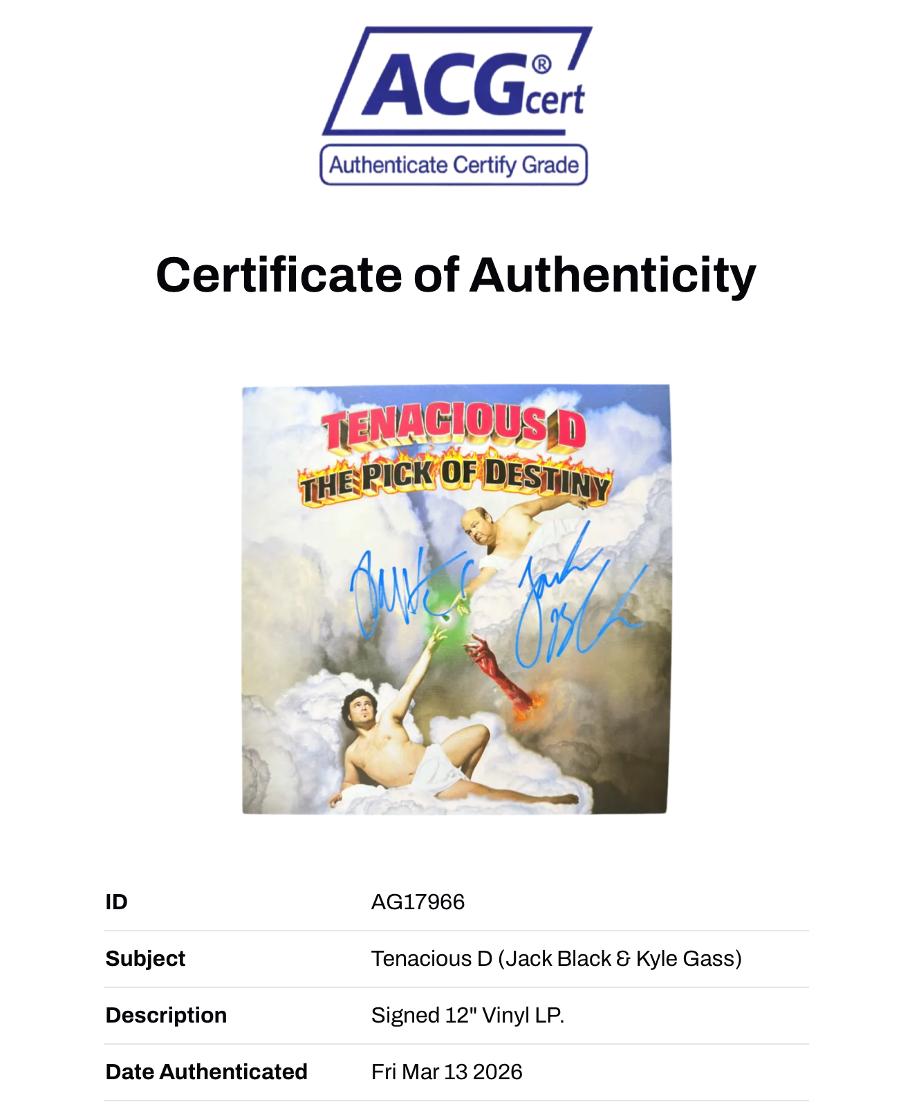 TENACIOUS D SIGNED THE PICK OF DESTINY VINYL JACK BLACK KYLE GASS (ACG CERT AG17966)