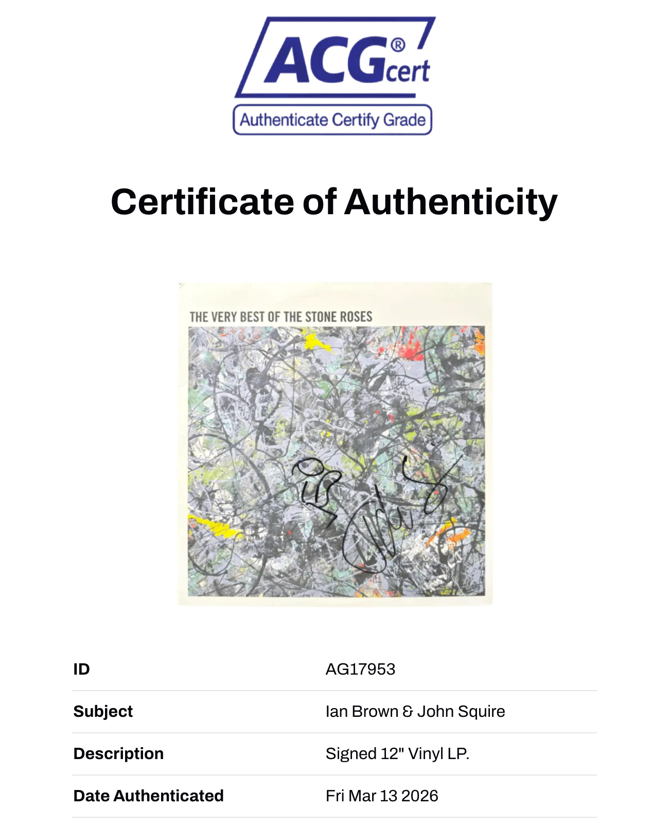 IAN BROWN & JOHN SQUIRE SIGNED THE VERY BEST OF THE STONE ROSES VINYL (ACG CERT AG17953)