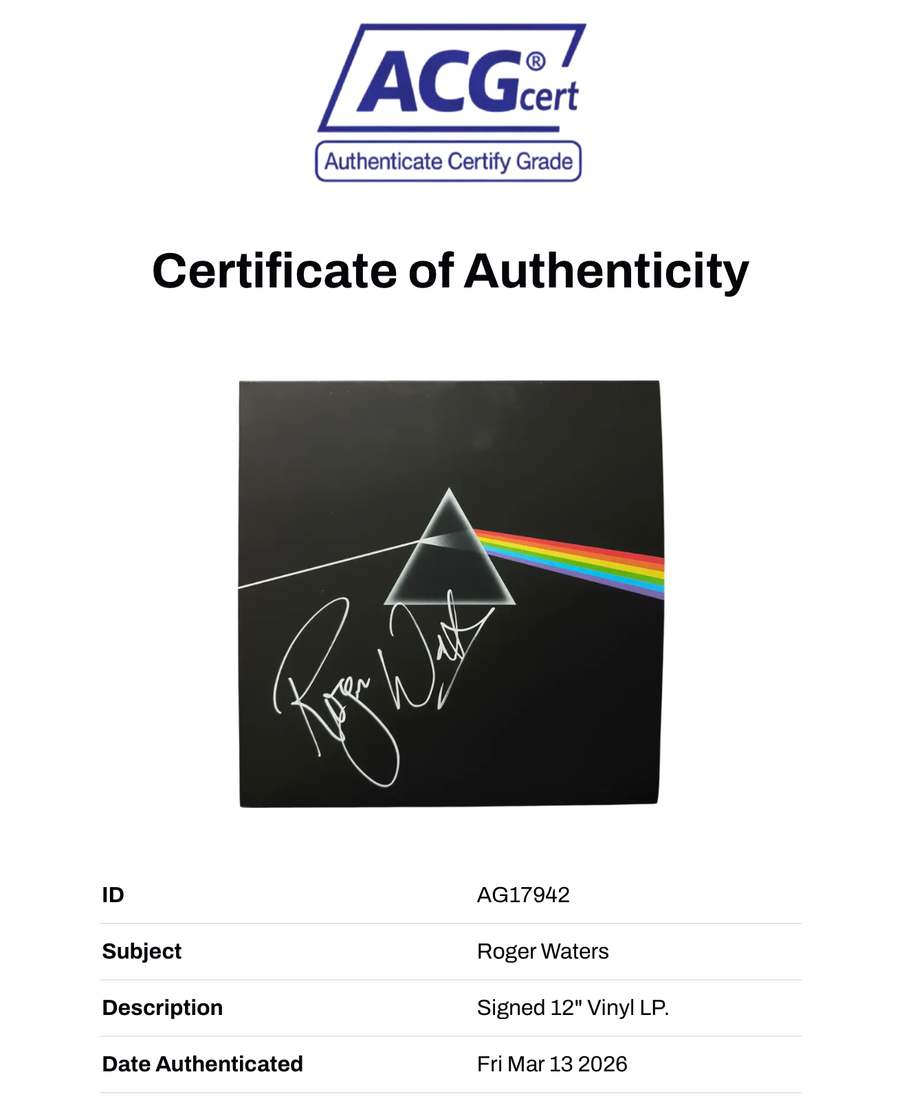 ROGER WATERS SIGNED PINK FLOYD DARK SIDE OF THE MOON VINYL (ACG CERT AG17942)