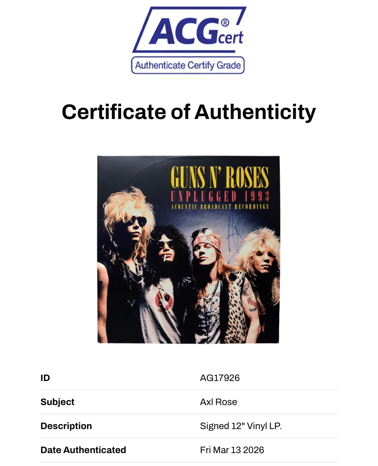 AXL ROSE GUNS N ROSES SIGNED UNPLUGGED 1993 VINYL (ACG CERT AG17926)
