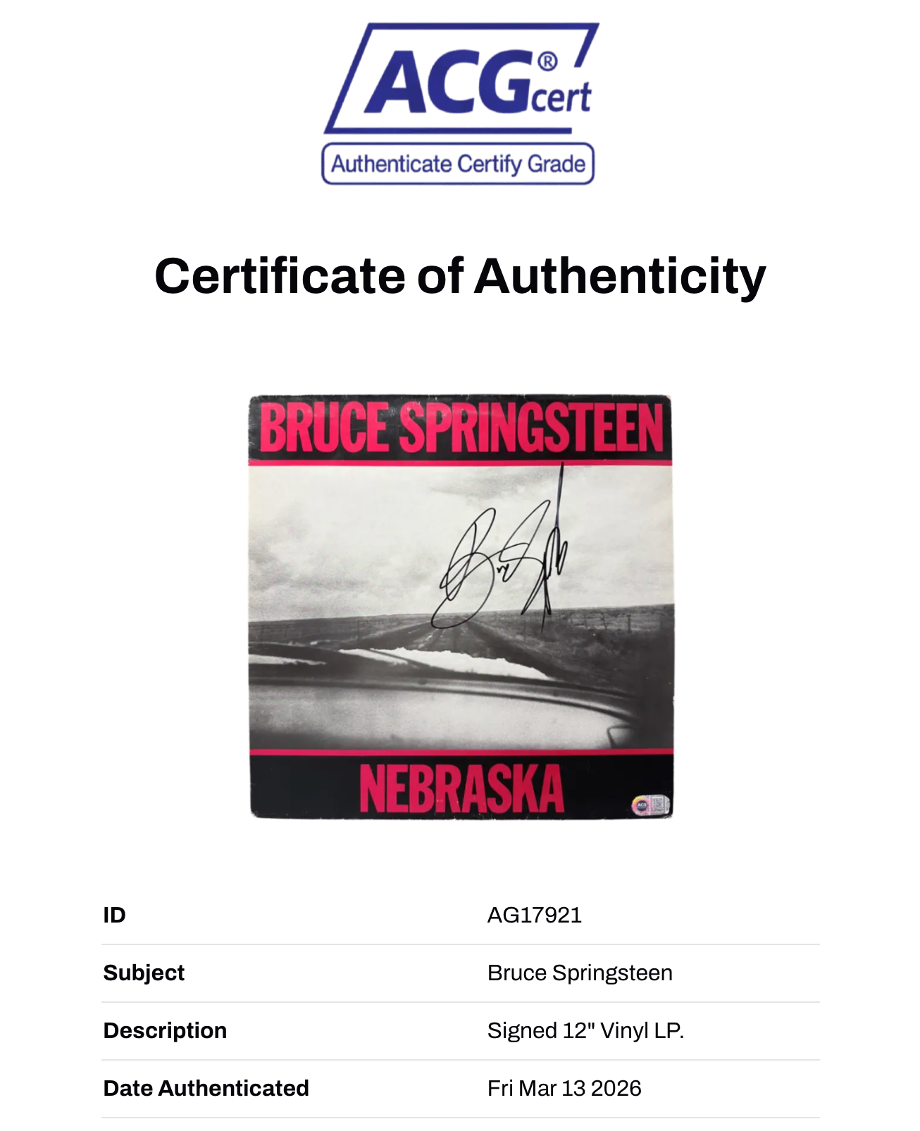BRUCE SPRINGSTEEN SIGNED NEBRASKA VINYL 12" LP (ACG CERT AG17921)