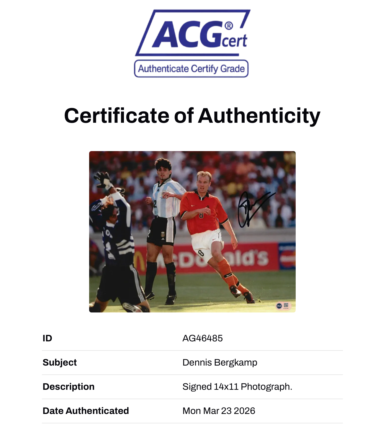 DENNIS BERGKAMP SIGNED HOLLAND WORLD CUP 1998 14X11 PHOTO (ACG WITNESS AG46485)