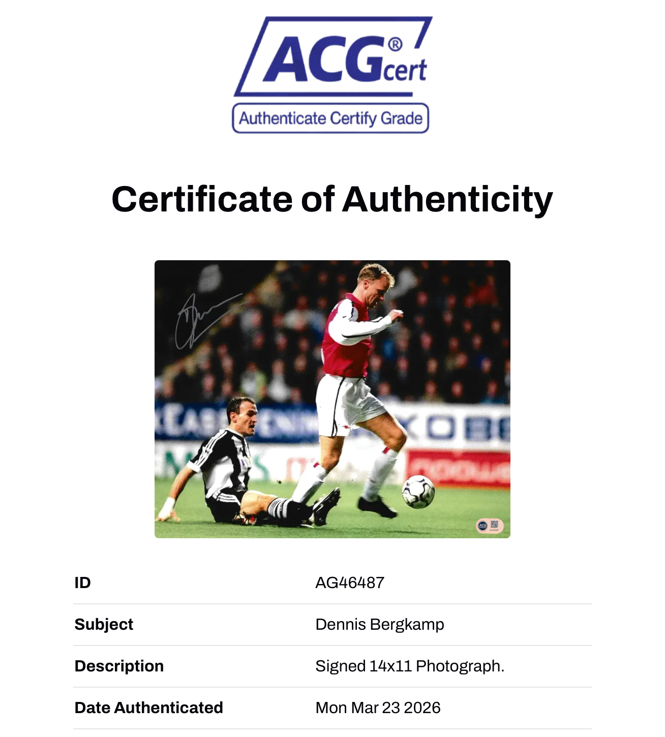 DENNIS BERGKAMP SIGNED ARSENAL 14X11 NEWCASTLE GOAL PHOTO (ACG WITNESS AG46487)