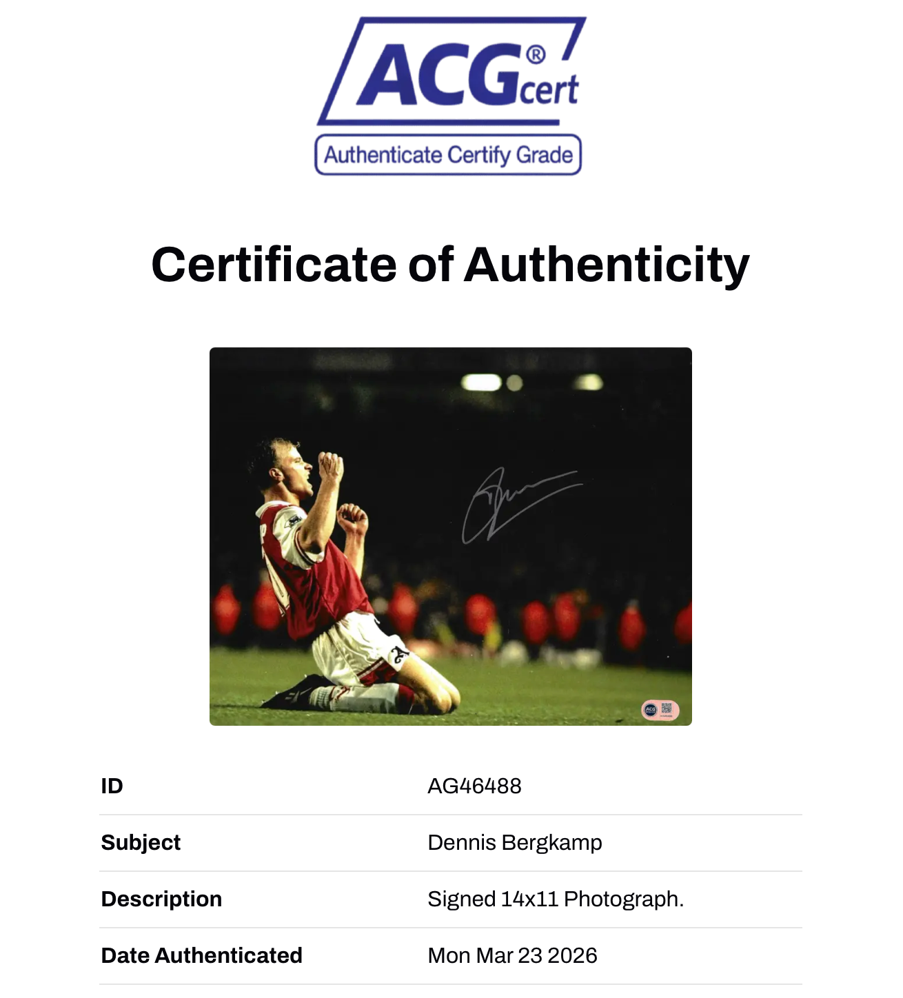 DENNIS BERGKAMP SIGNED ARSENAL 14X11 SPURS 96 GOAL PHOTO (ACG WITNESS AG46488)