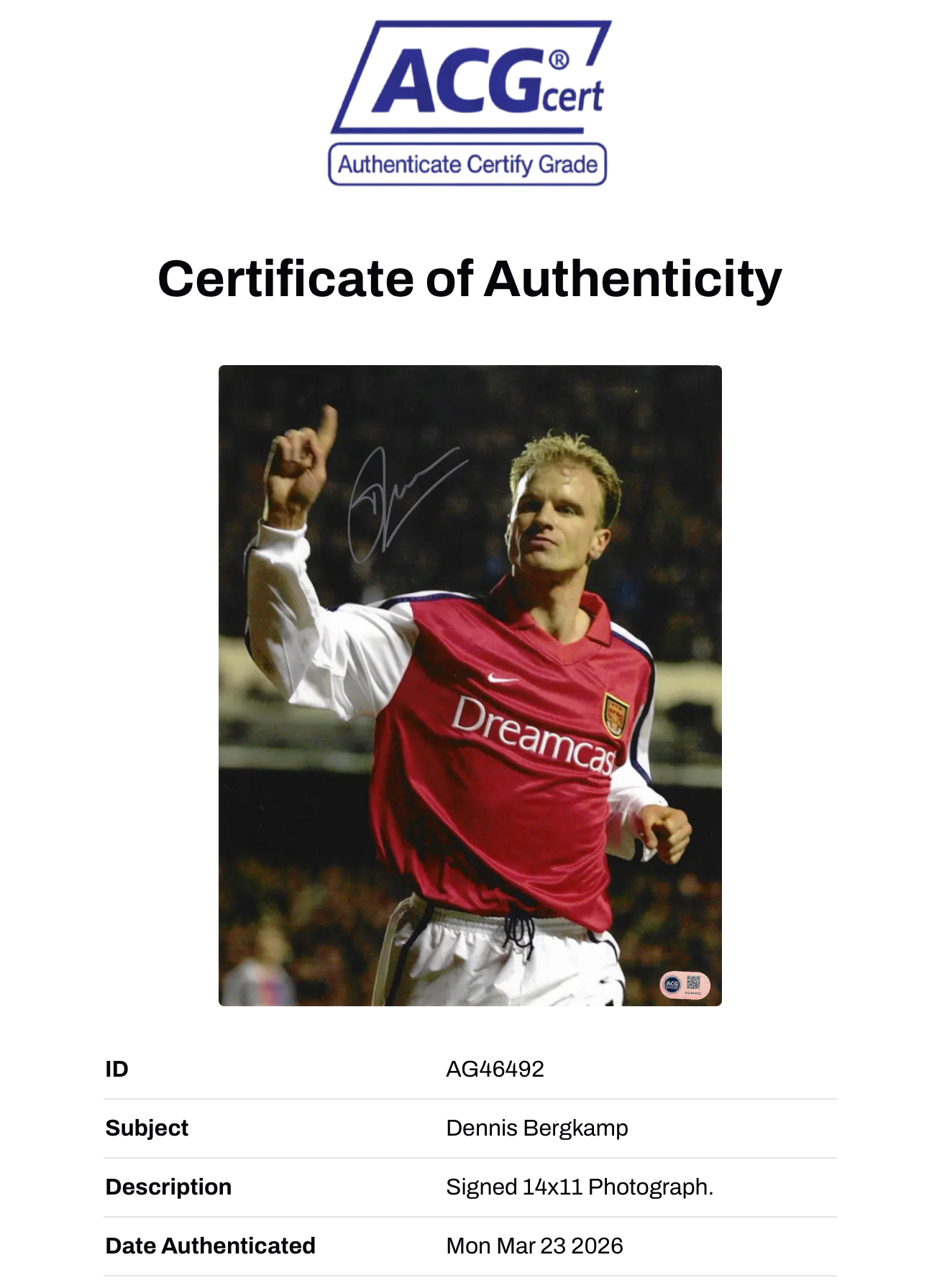 DENNIS BERGKAMP SIGNED ARSENAL FC 14X11 PHOTO (ACG WITNESS AG46492)