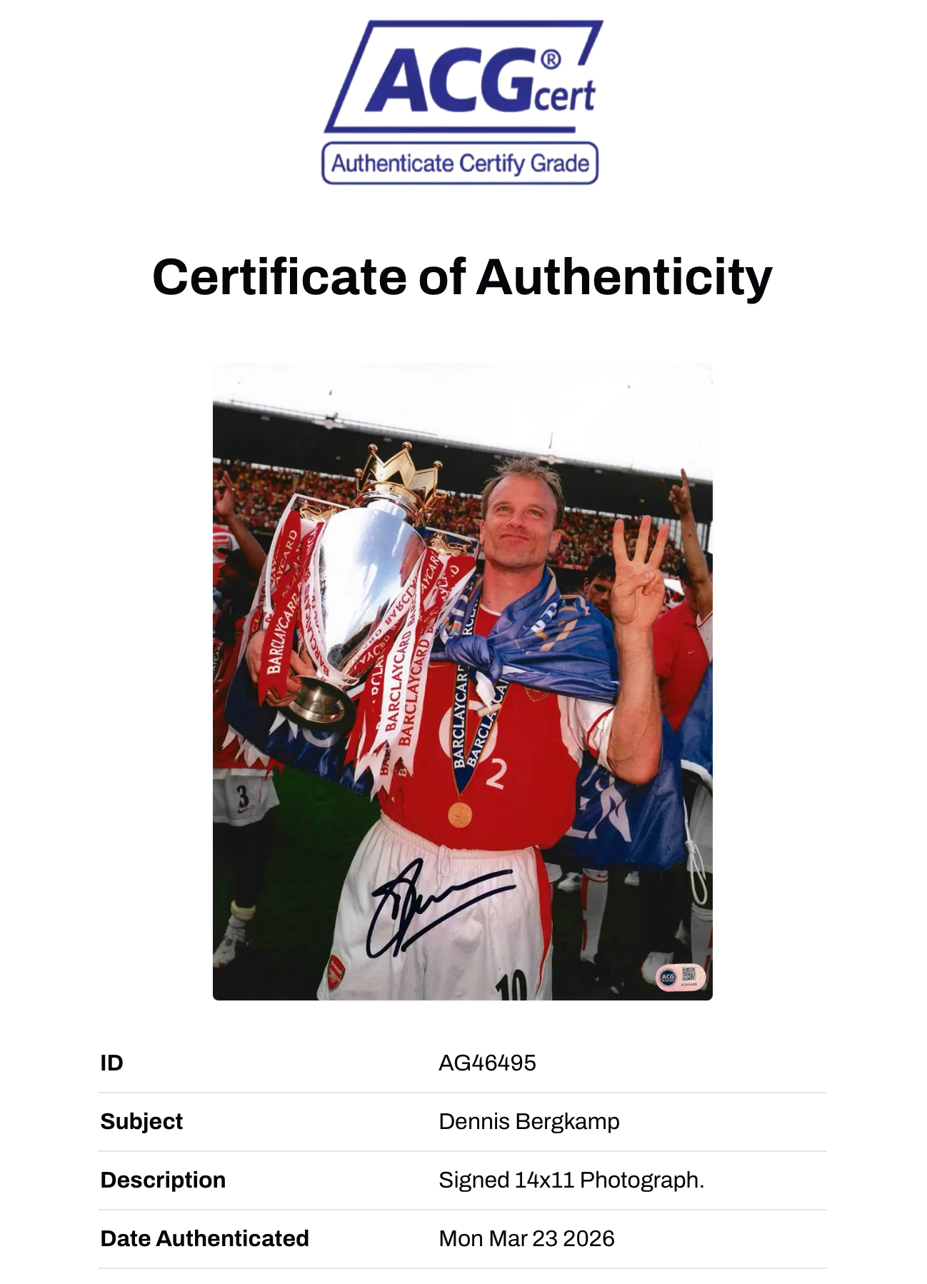 DENNIS BERGKAMP SIGNED ARSENAL FC INVINCIBLES 14X11 PHOTO (ACG WITNESS AG46495)