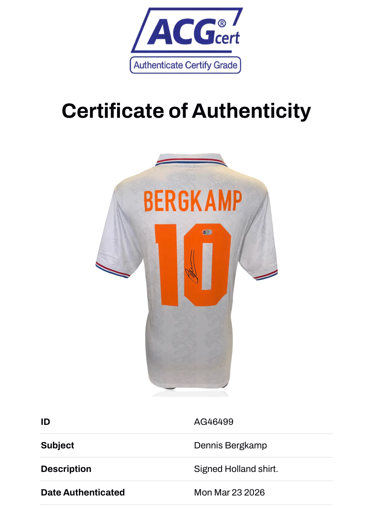 DENNIS BERGKAMP SIGNED HOLLAND 1994 AWAY SHIRT (ACG WITNESS AG46499)