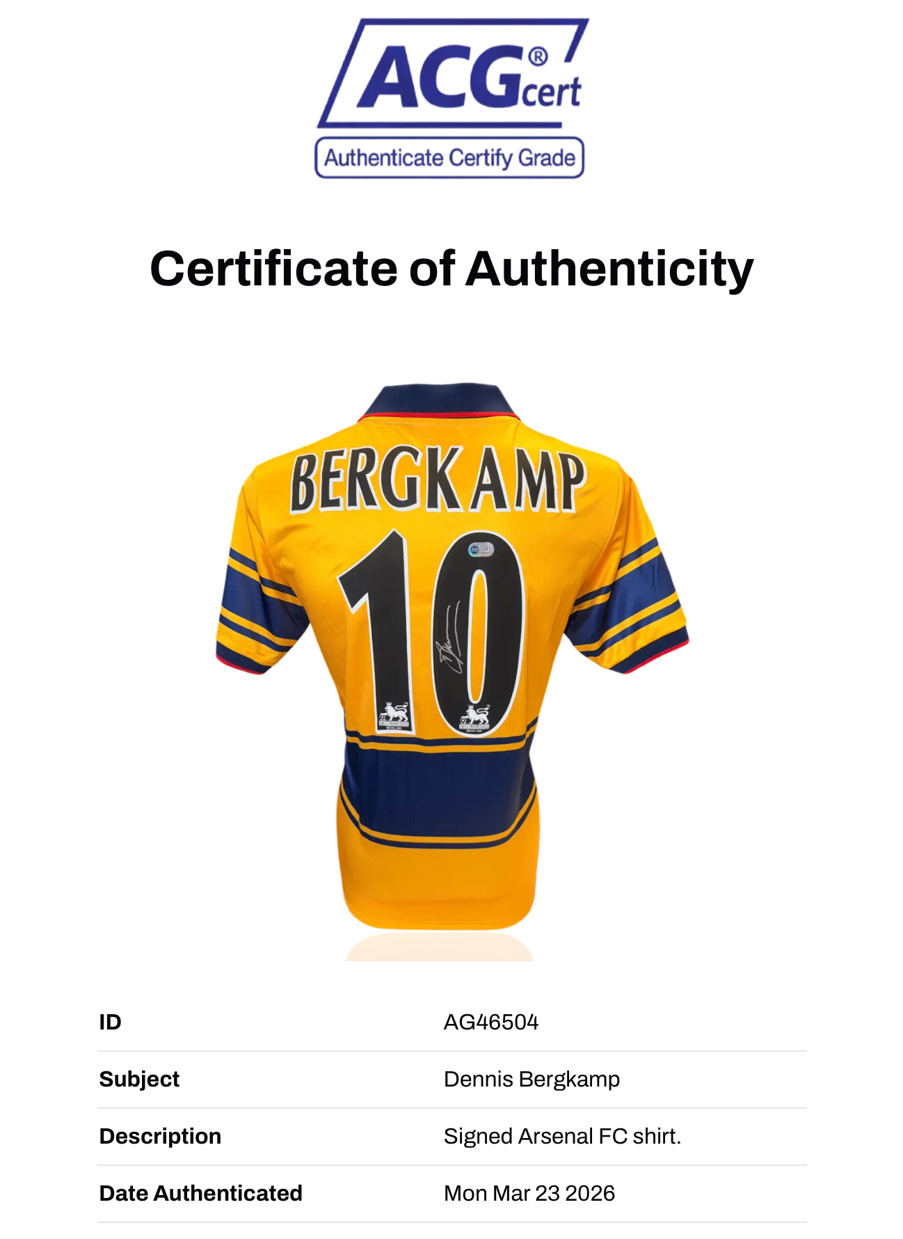 DENNIS BERGKAMP SIGNED ARSENAL FC 1997/99 AWAY SHIRT (ACG WITNESS AG46504)
