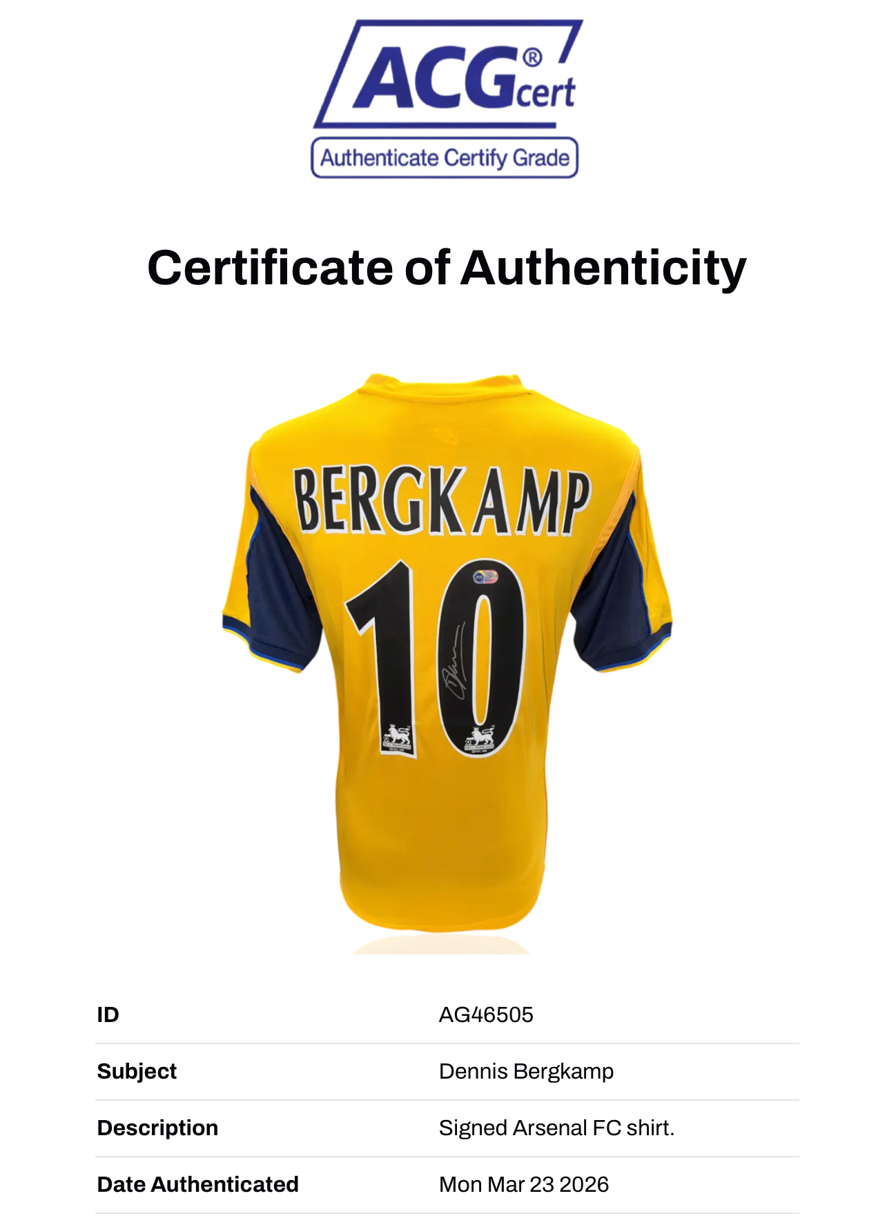 DENNIS BERGKAMP SIGNED ARSENAL FC 1999/01 AWAY SHIRT (ACG WITNESS AG46505)