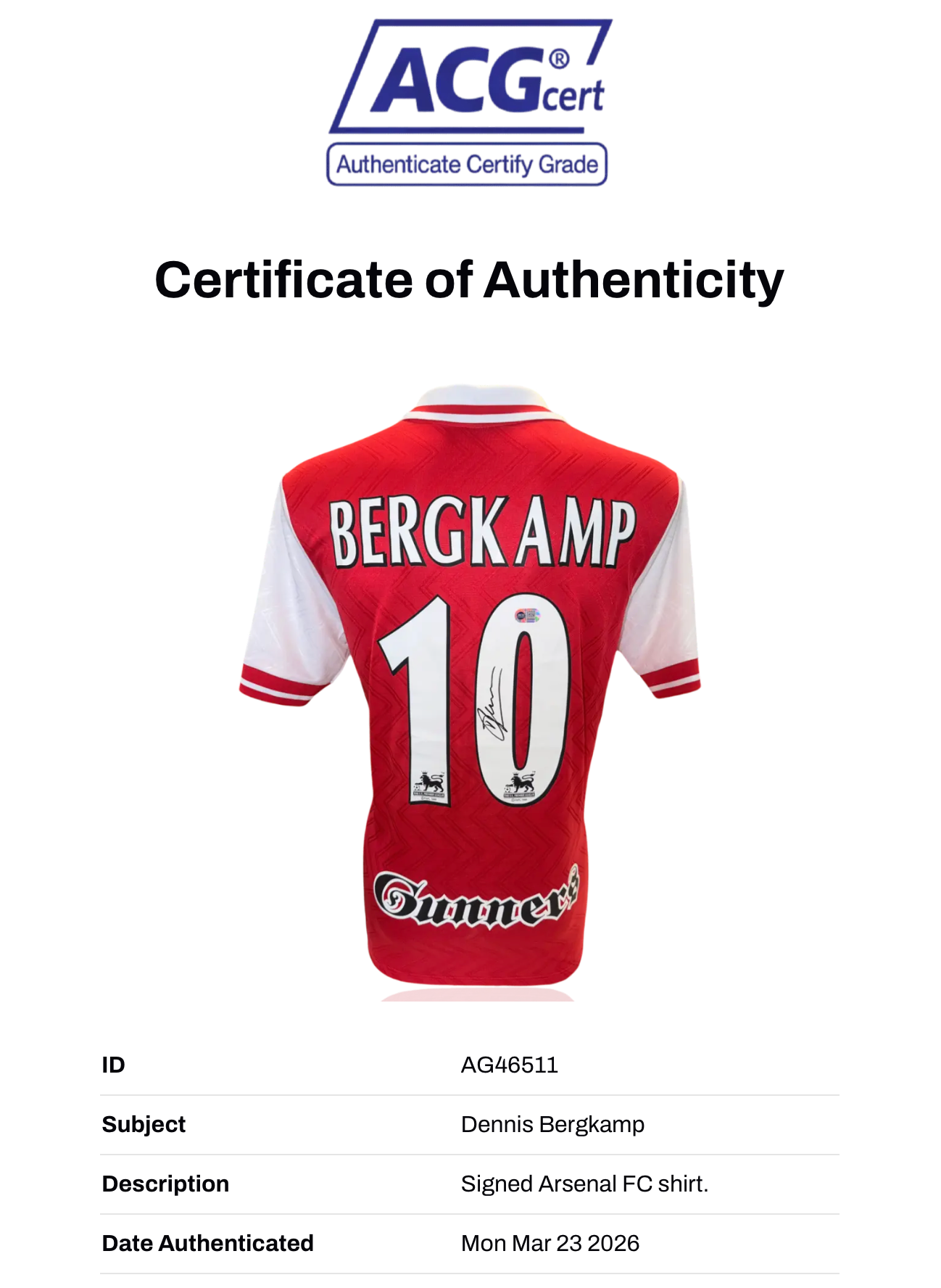 DENNIS BERGKAMP SIGNED ARSENAL FC 1996/98 HOME SHIRT (ACG WITNESS AG46511)