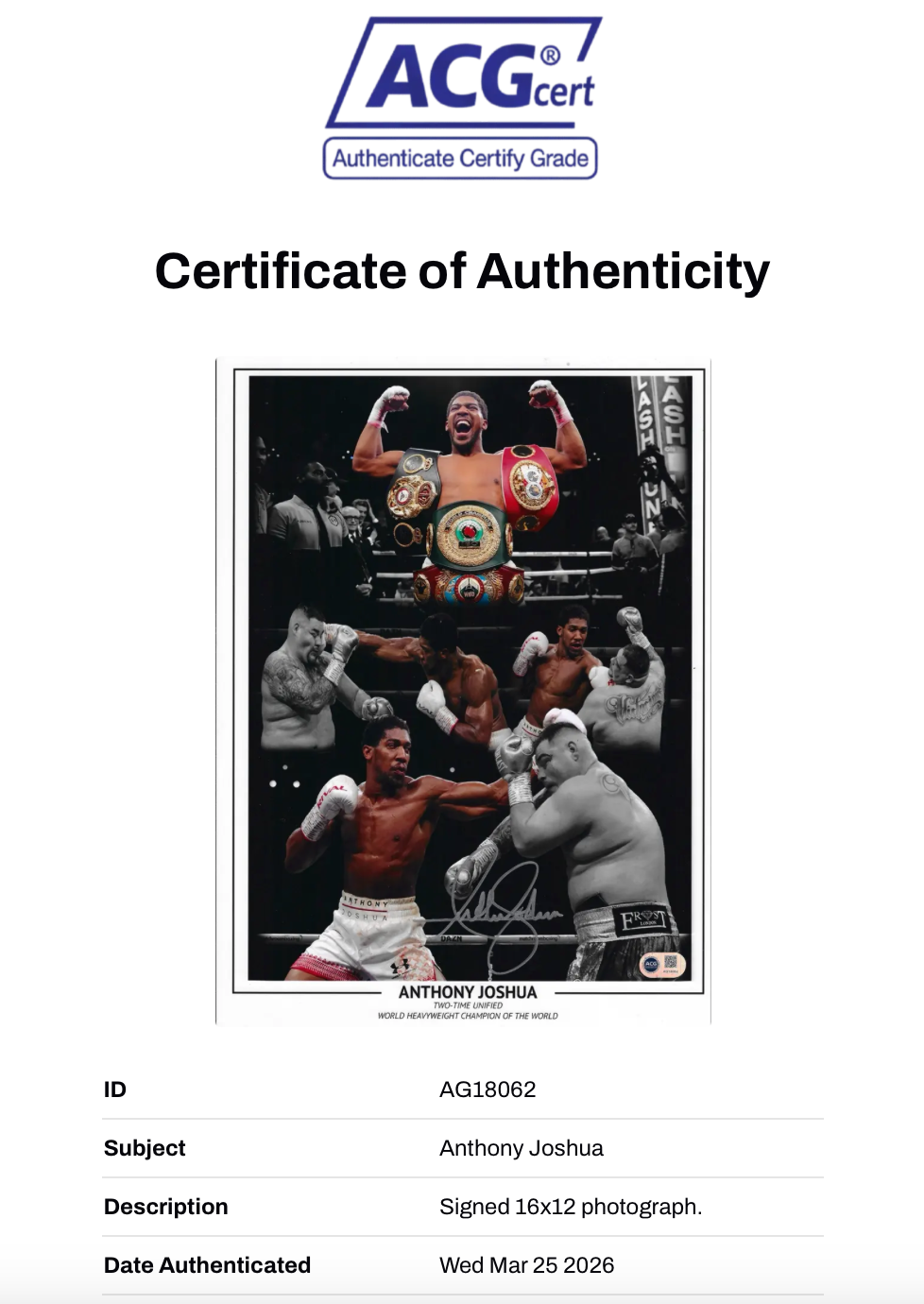 ANTHONY JOSHUA SIGNED ANDY RUIZ WIN 16X12 PHOTO CHAMPION (ACG CERT AG18062)