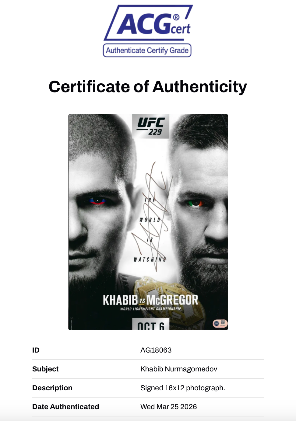 KHABIB NURMAGOMEDOV SIGNED THE EAGLE UFC 16x12 PHOTO (ACG CERT AG18063)