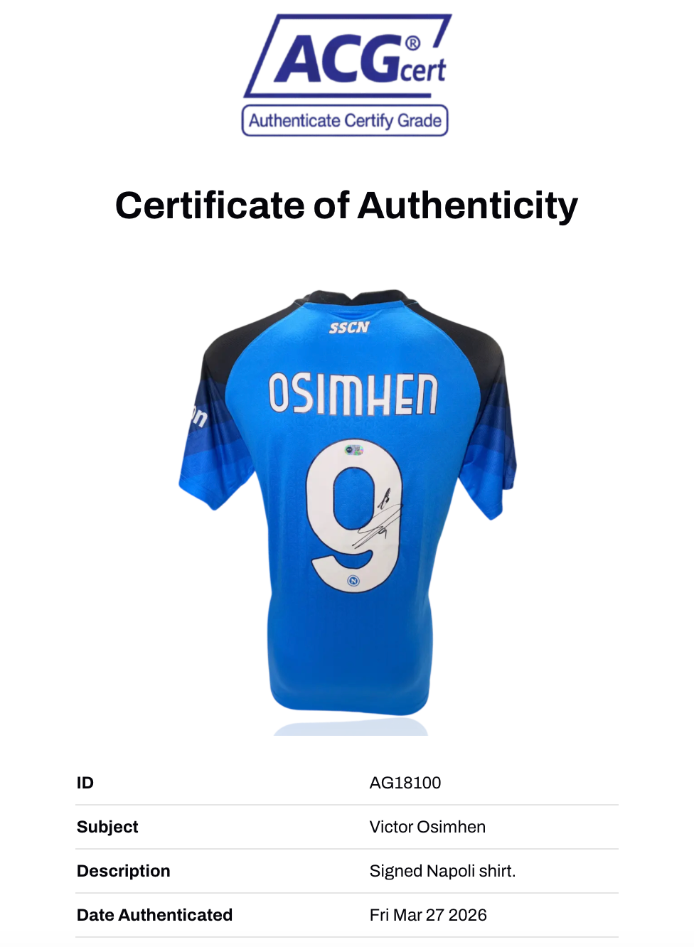 VICTOR OSIMHEN SIGNED SSC NAPOLI 22/23 HOME SERIE A WINNERS SHIRT (ACG CERT AG18100)