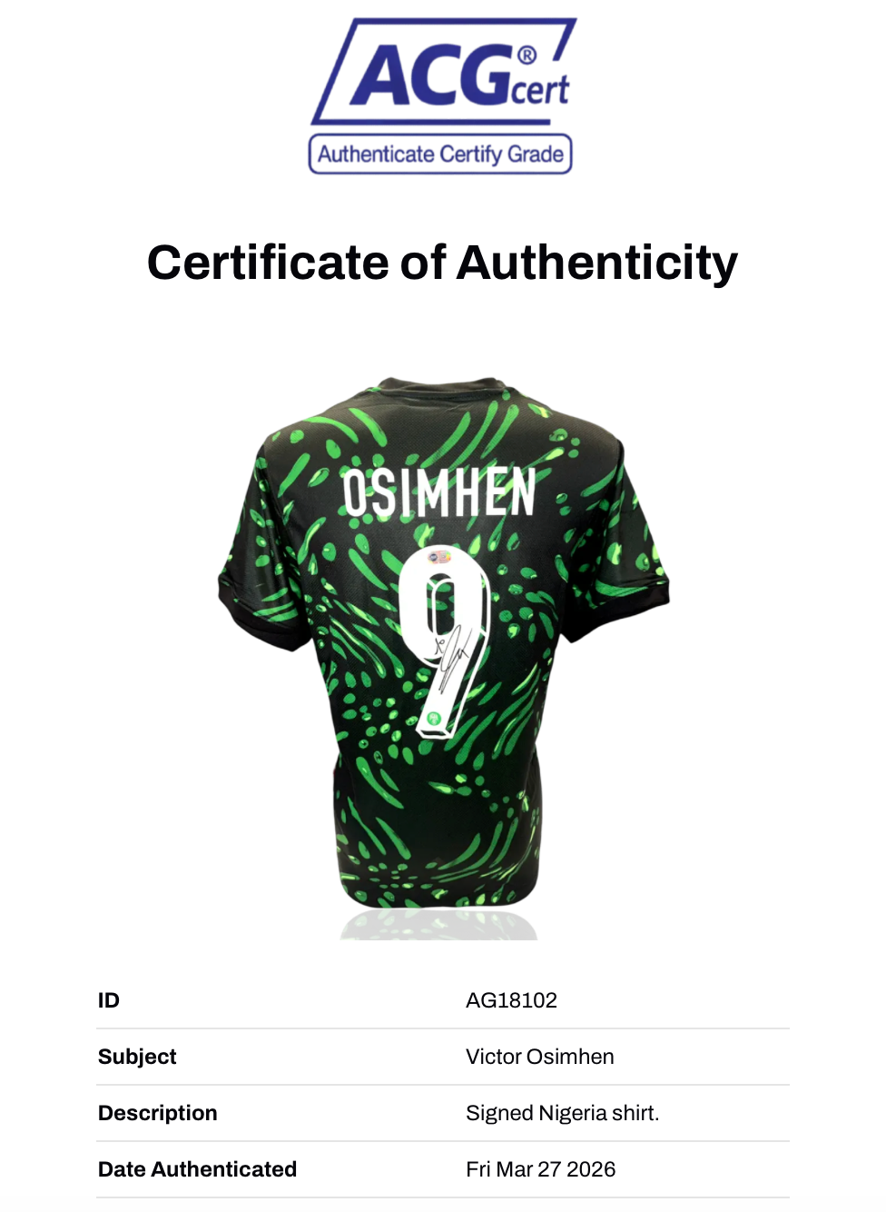 VICTOR OSIMHEN SIGNED NIGERIA 24/26 HOME NATIONAL SHIRT (ACG CERT AG18102)