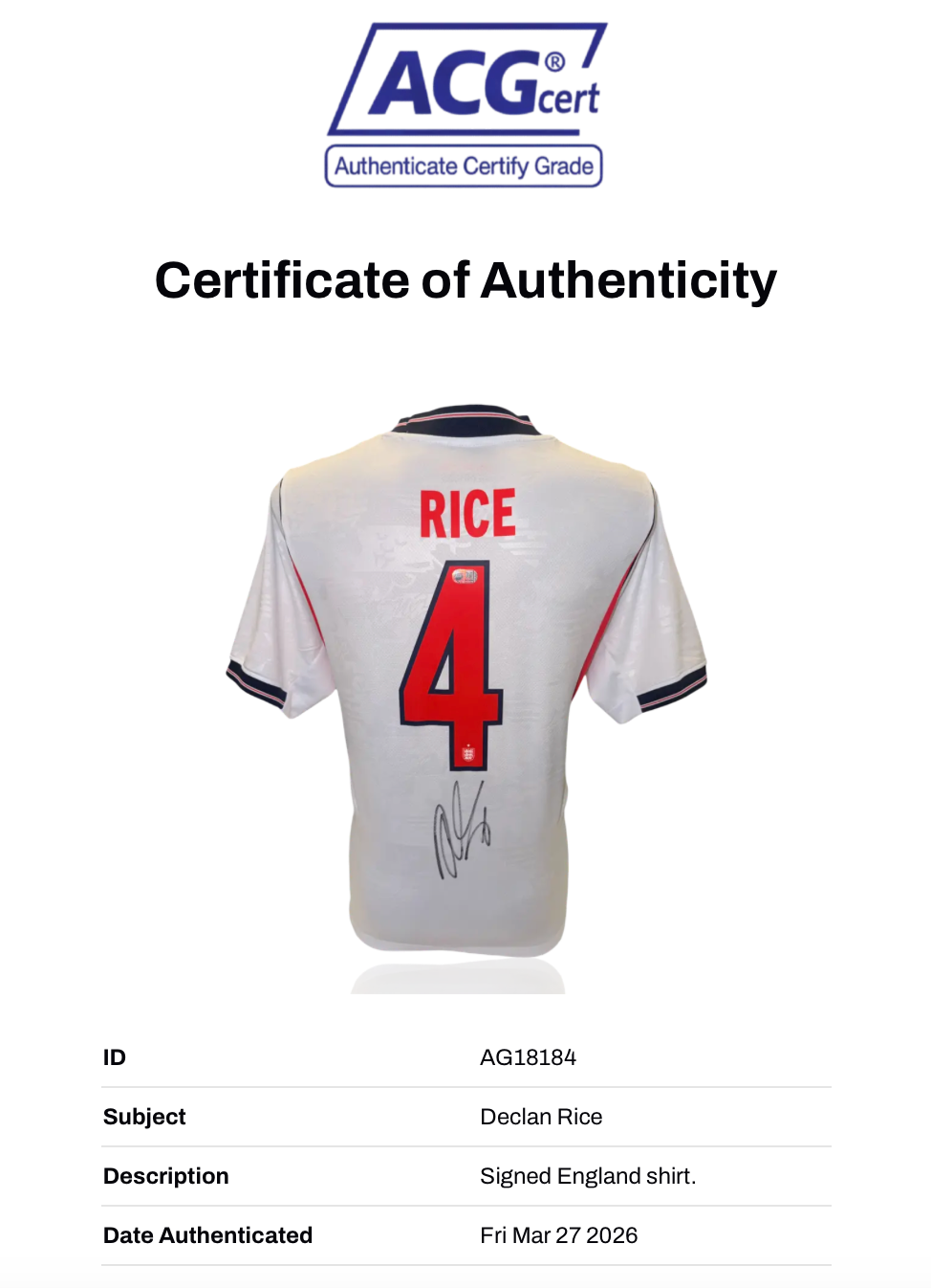 DECLAN RICE SIGNED 2026/28 ENGLAND WORLD CUP HOME SHIRT (ACG CERT AG18184)