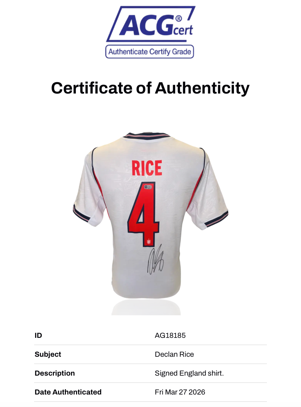 DECLAN RICE SIGNED 2026/28 ENGLAND WORLD CUP HOME SHIRT (ACG CERT AG18185)