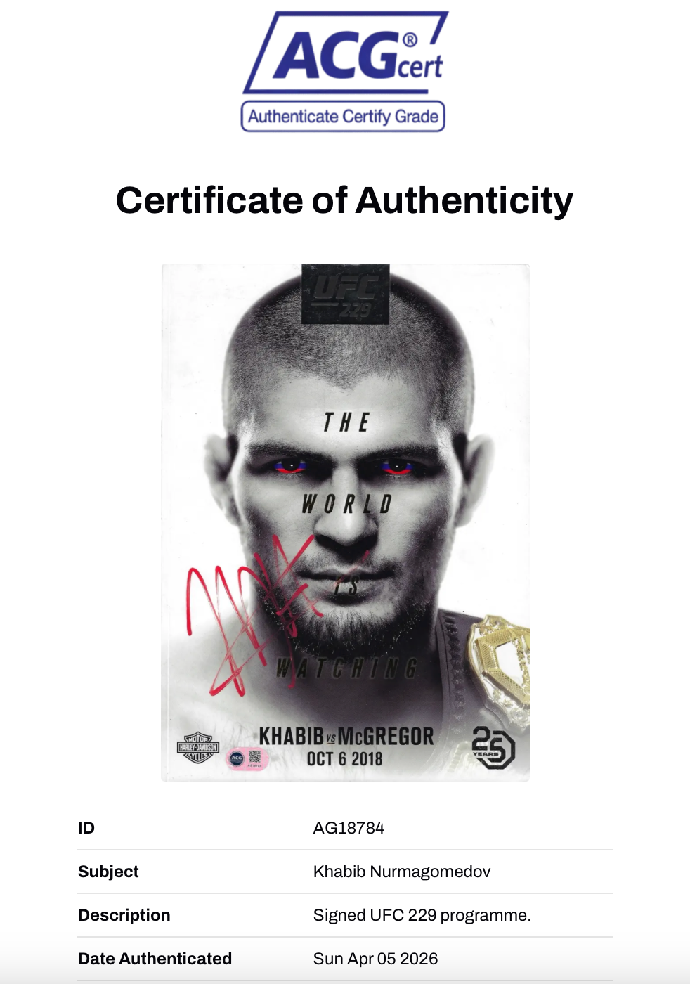 KHABIB NURMAGOMEDOV SIGNED UFC 229 MCGREGOR PROGRAMME (ACG CERT AG18784)