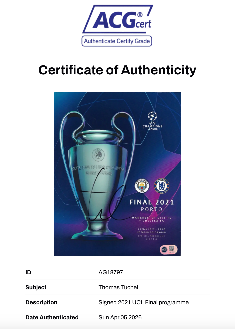 THOMAS TUCHEL SIGNED CHELSEA 2021 UCL FINAL PROGRAMME (ACG CERT AG18797)
