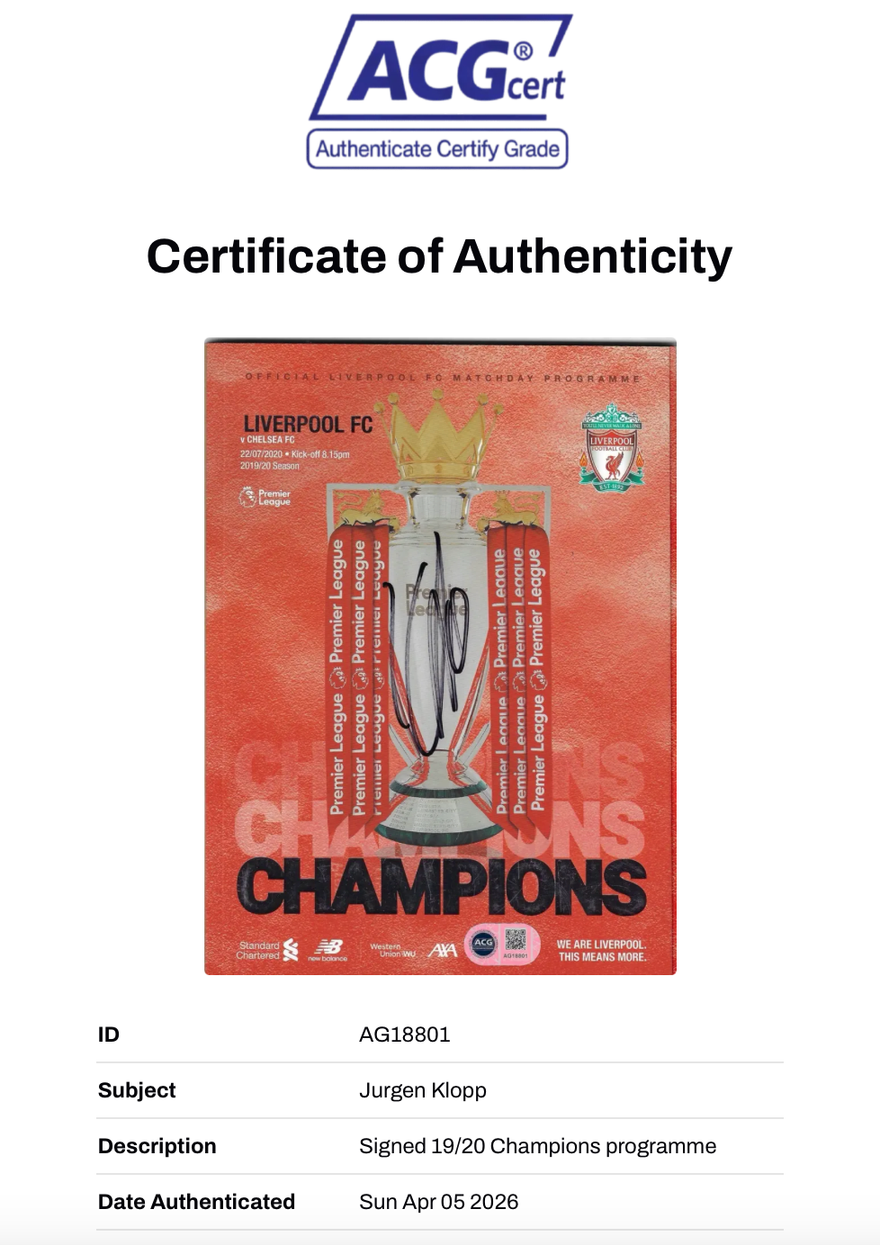 JURGEN KLOPP 2019/20 LIVERPOOL FC CHAMPIONS SIGNED PROGRAMME (ACG CERT AG18801)