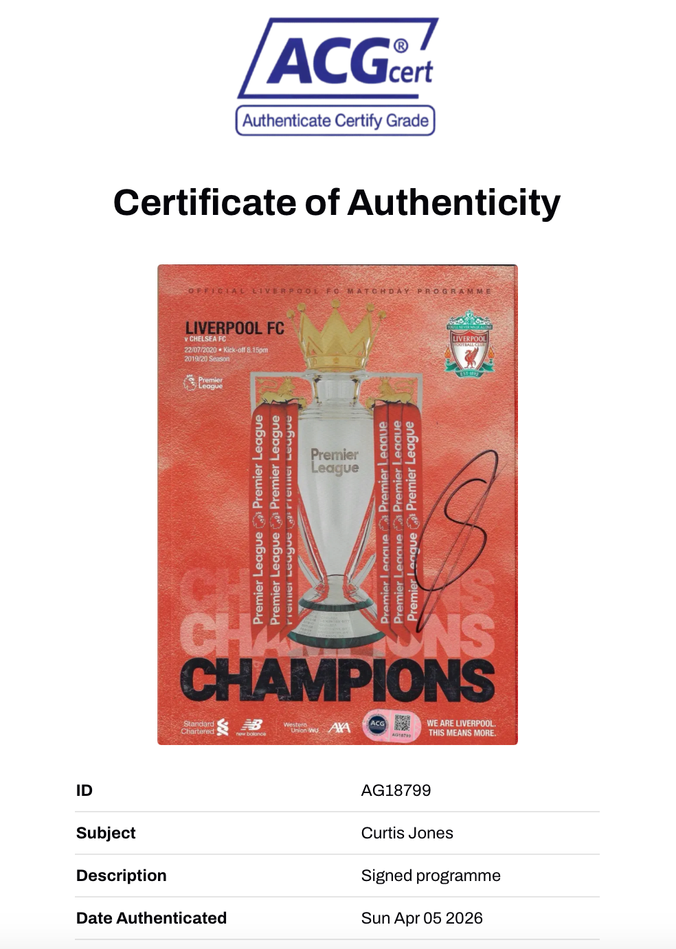 CURTIS JONES 2019/20 LIVERPOOL FC CHAMPIONS SIGNED PROGRAMME (ACG CERT AG18799)