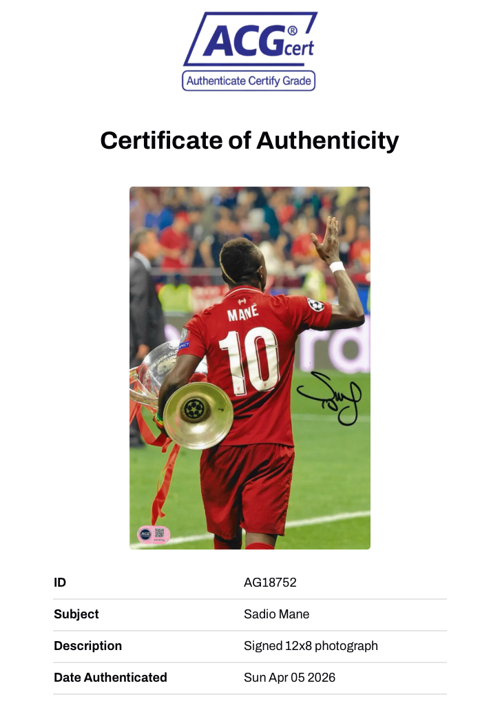 SADIO MANE SIGNED LIVERPOOL FC UCL FINAL WIN 12X8 PHOTO (ACG CERT AG18752)