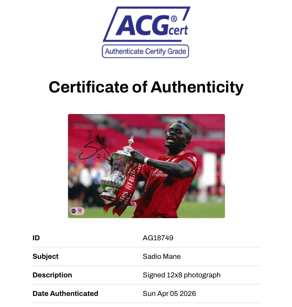 SADIO MANE SIGNED LIVERPOOL FC FA CUP FINAL WIN 12X8 PHOTO (ACG CERT AG18749)