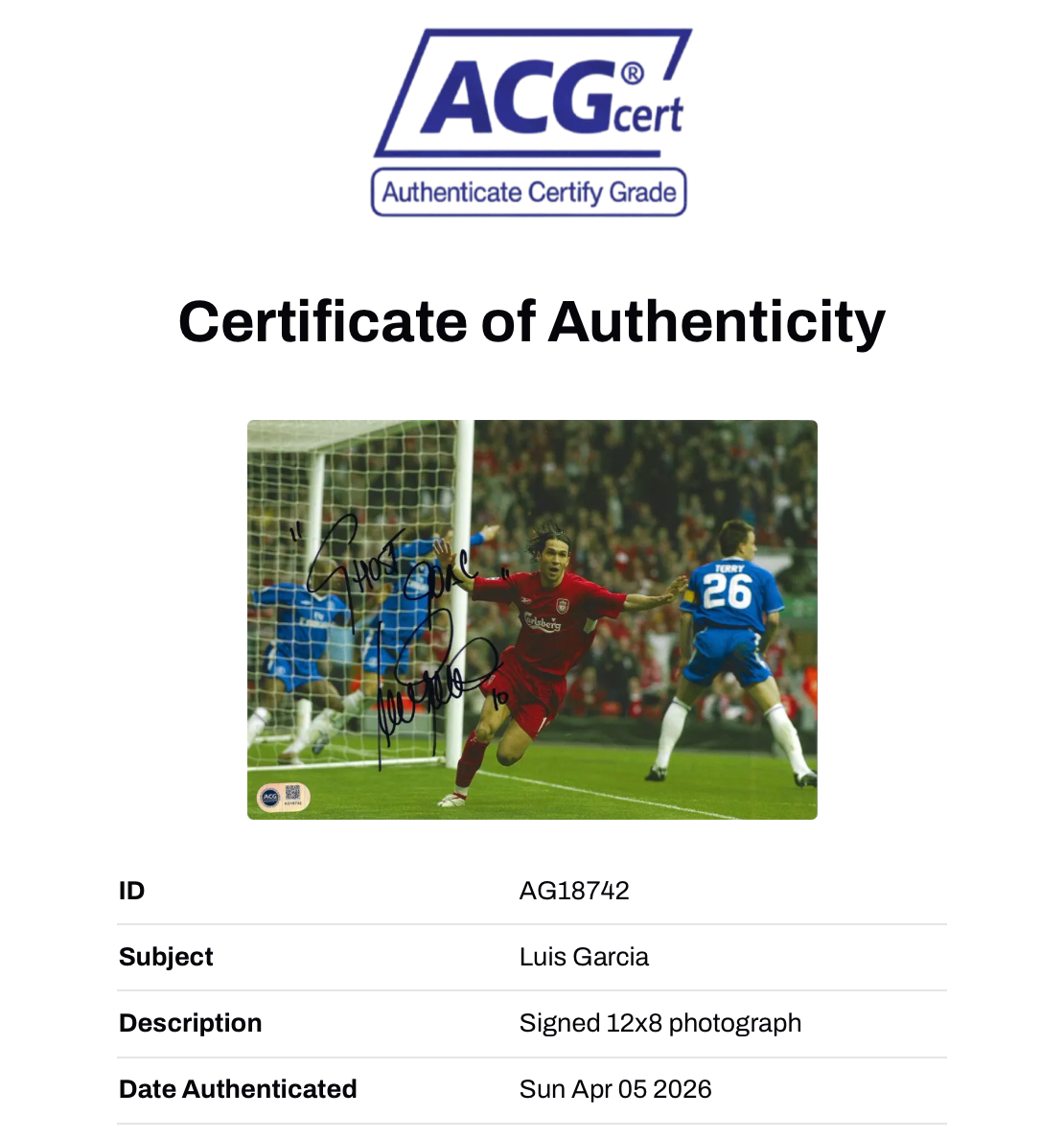 LUIS GARCIA SIGNED LIVERPOOL FC GHOST GOAL 12x8 PHOTOGRAPH (ACG CERT AG18742)