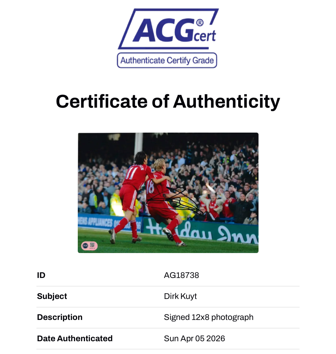 DIRK KUYT SIGNED 12X8 LIVERPOOL FC MERSEYSIDE DERBY PHOTO (ACG CERT AG18738)