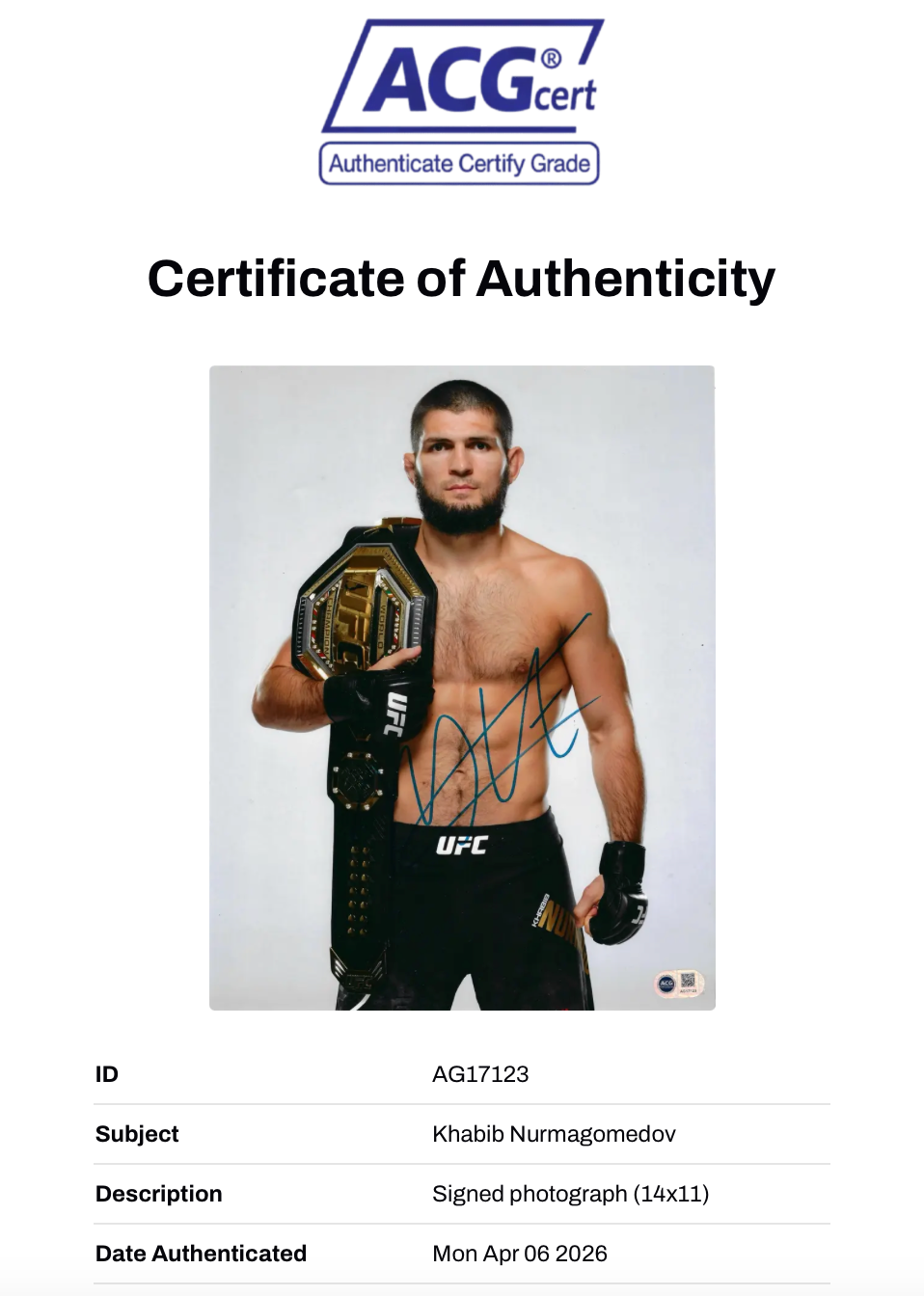 KHABIB NURMAGOMEDOV SIGNED UFC CHAMPION 14x11 PHOTO (ACG CERT AG17123)