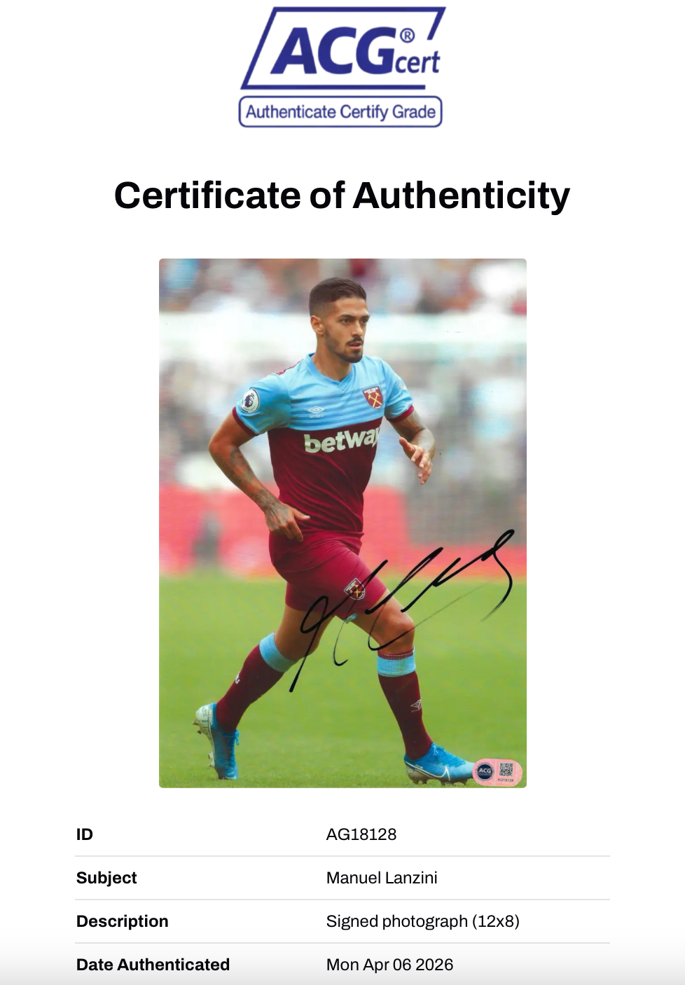 MANUEL LANZINI SIGNED WEST HAM UNITED 12x8 PHOTO (ACG CERT AG18128)