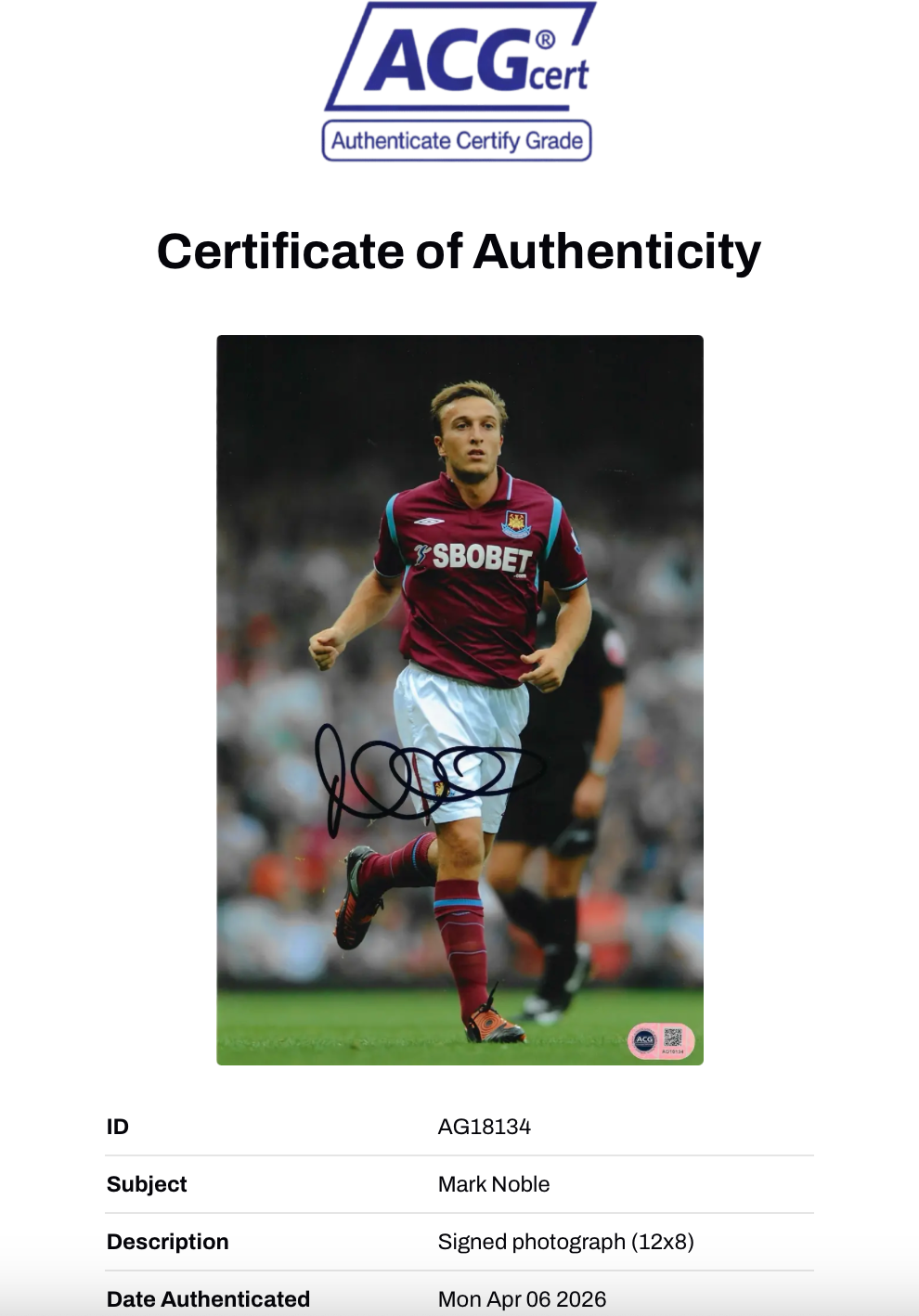 MARK NOBLE SIGNED WEST HAM UNITED 12x8 PHOTO (ACG CERT AG18134)