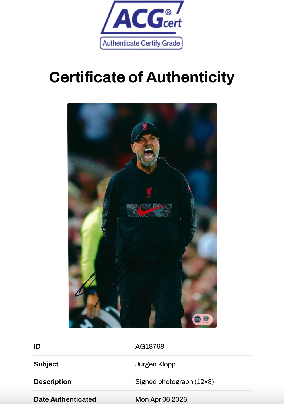 JURGEN KLOPP SIGNED 12x8 LIVERPOOL FC PHOTO (ACG CERT AG18768)
