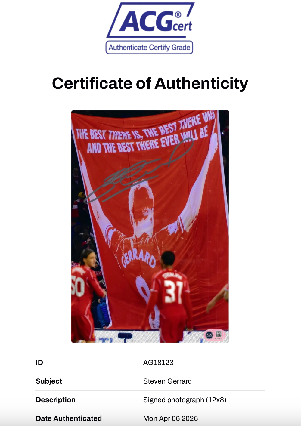 STEVEN GERRARD SIGNED LIVERPOOL FC LEGEND 12x8 PHOTO (ACG CERT AG18123)