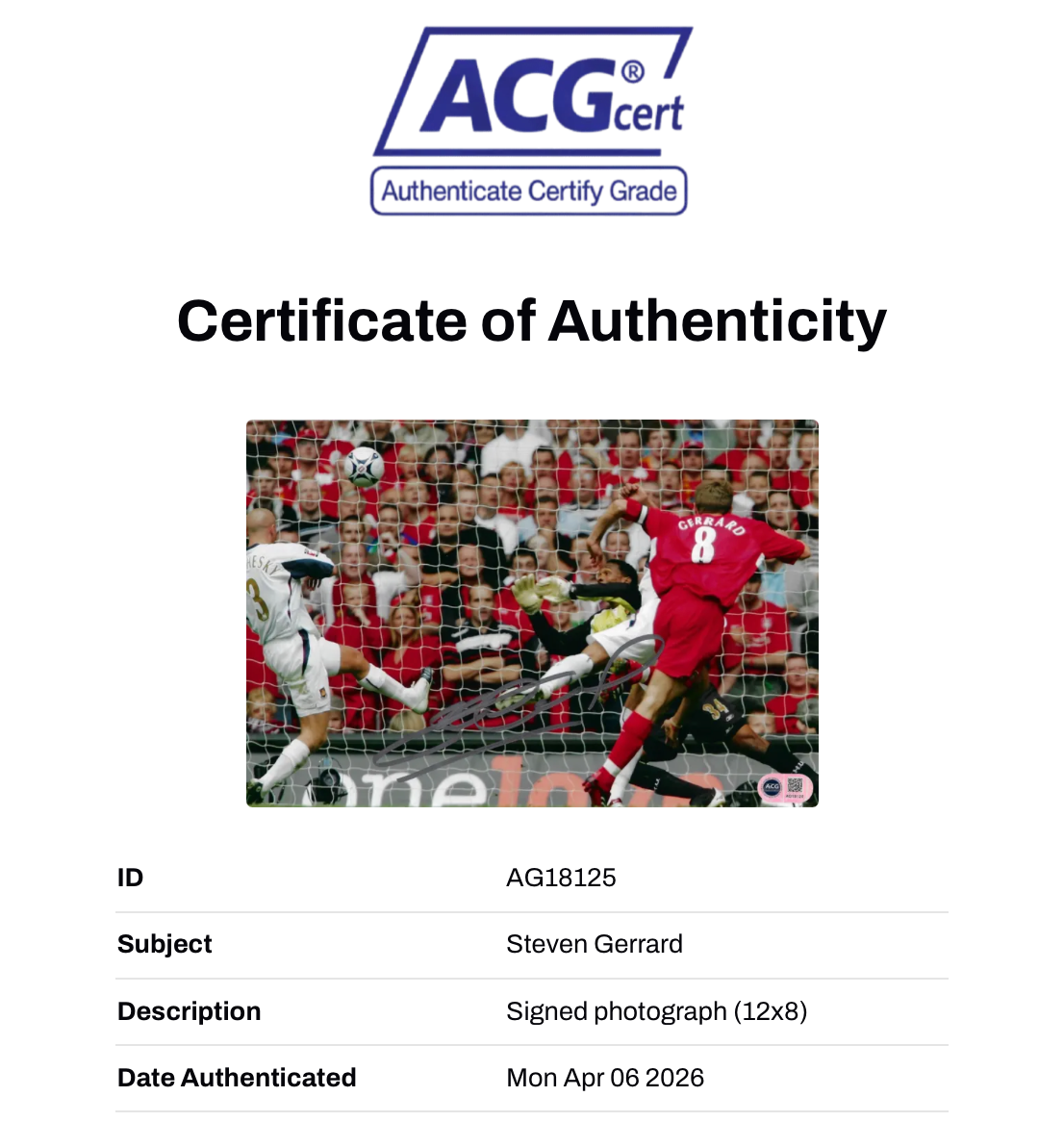 STEVEN GERRARD SIGNED LIVERPOOL FC FA CUP FINAL 12x8 PHOTO (ACG CERT AG18125)