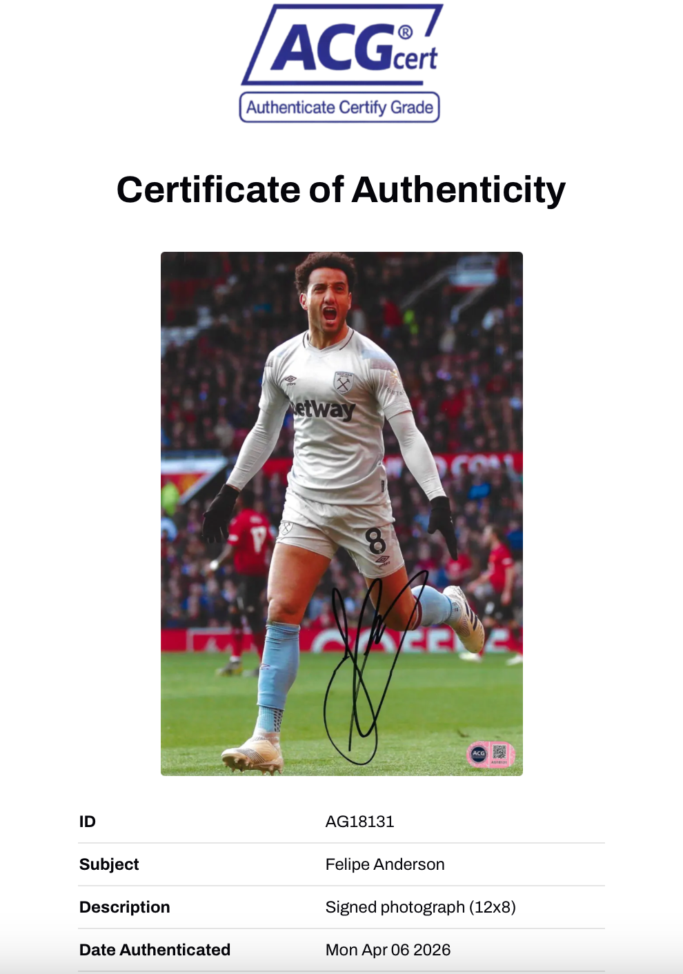 FELIPE ANDERSON SIGNED WEST HAM UNITED 12x8 PHOTO (ACG CERT AG18131)