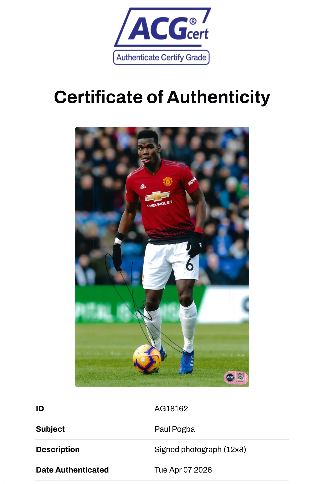 PAUL POGBA SIGNED 12X8 MANCHESTER UNITED PHOTO (ACG CERT AG18162)