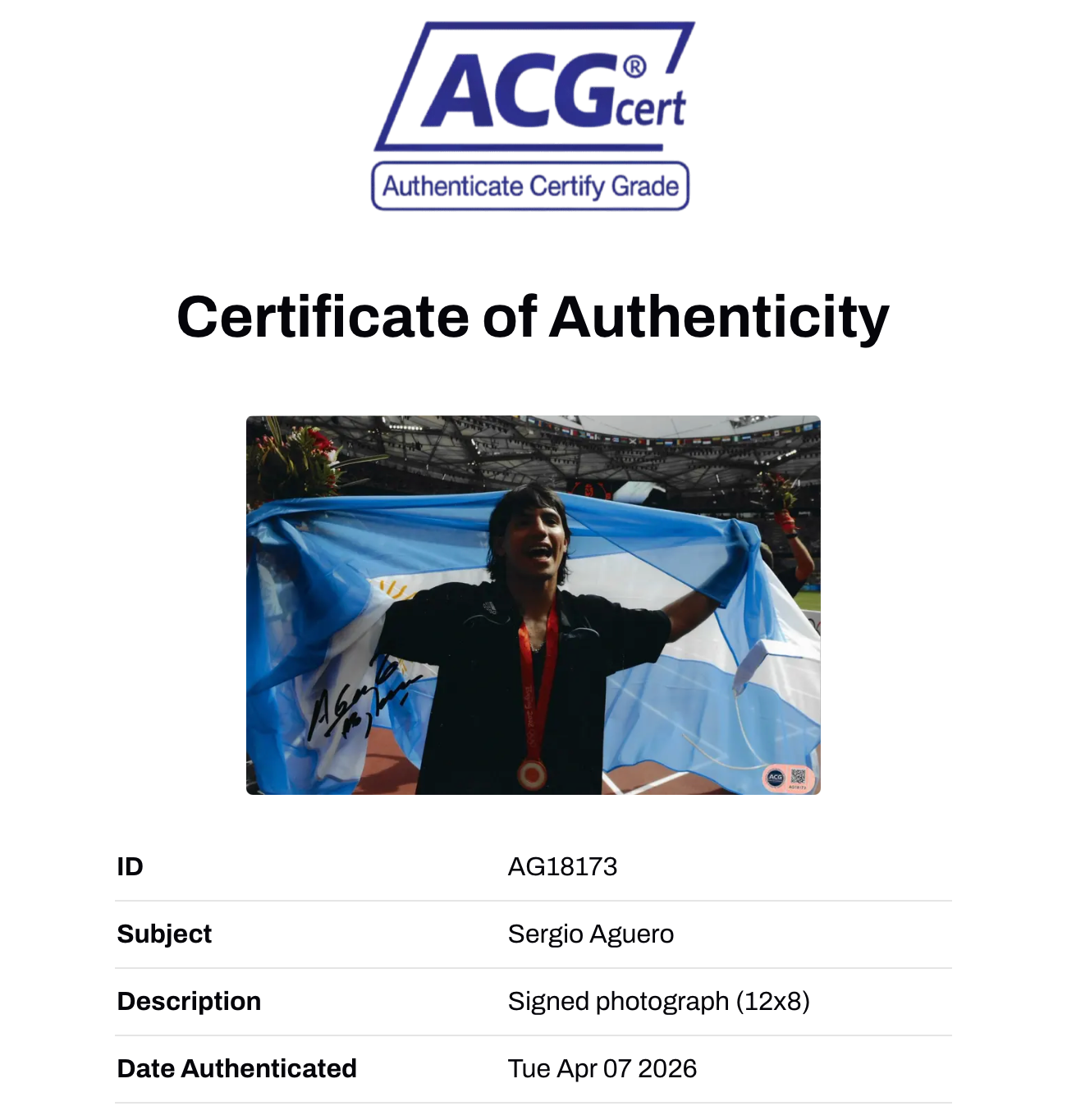 SERGIO AGUERO SIGNED ARGENTINA FOOTBALL 12X8 PHOTO (ACG CERT AG18173)