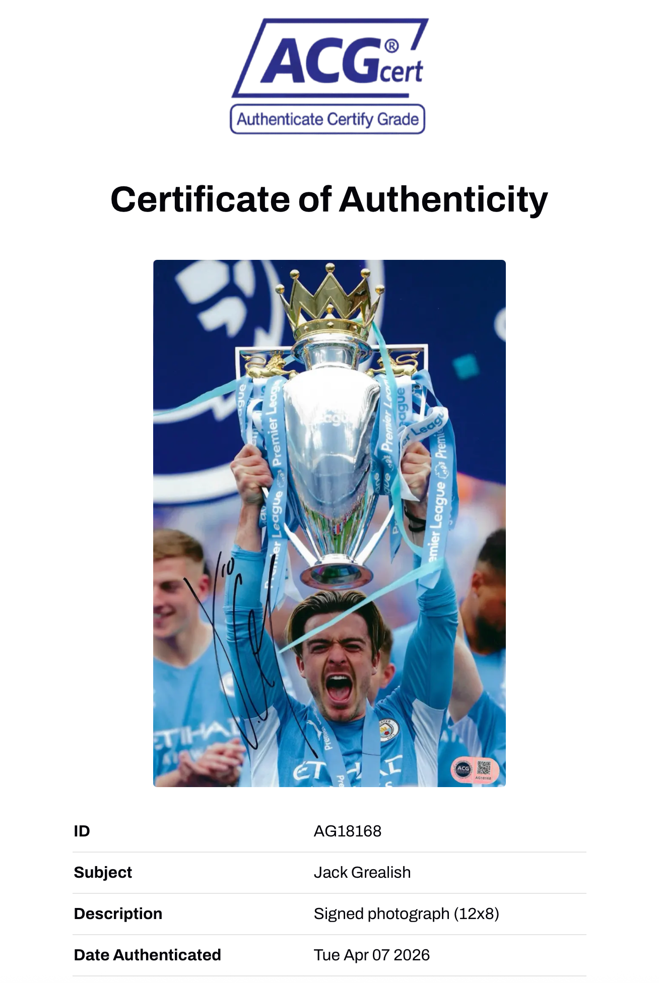 JACK GREALISH SIGNED MANCHESTER CITY 12X8 PHOTO (ACG CERT AG18168)