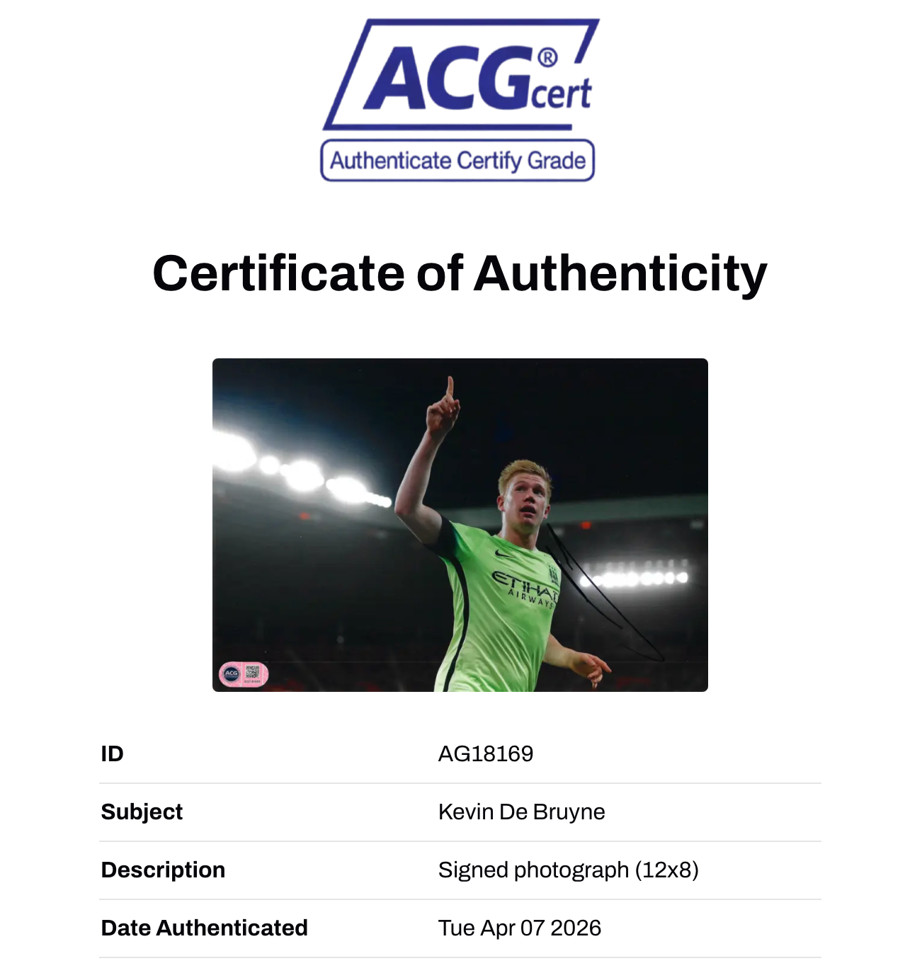 KEVIN DE BRUYNE SIGNED MANCHESTER CITY 12X8 PHOTO (ACG CERT AG18169)