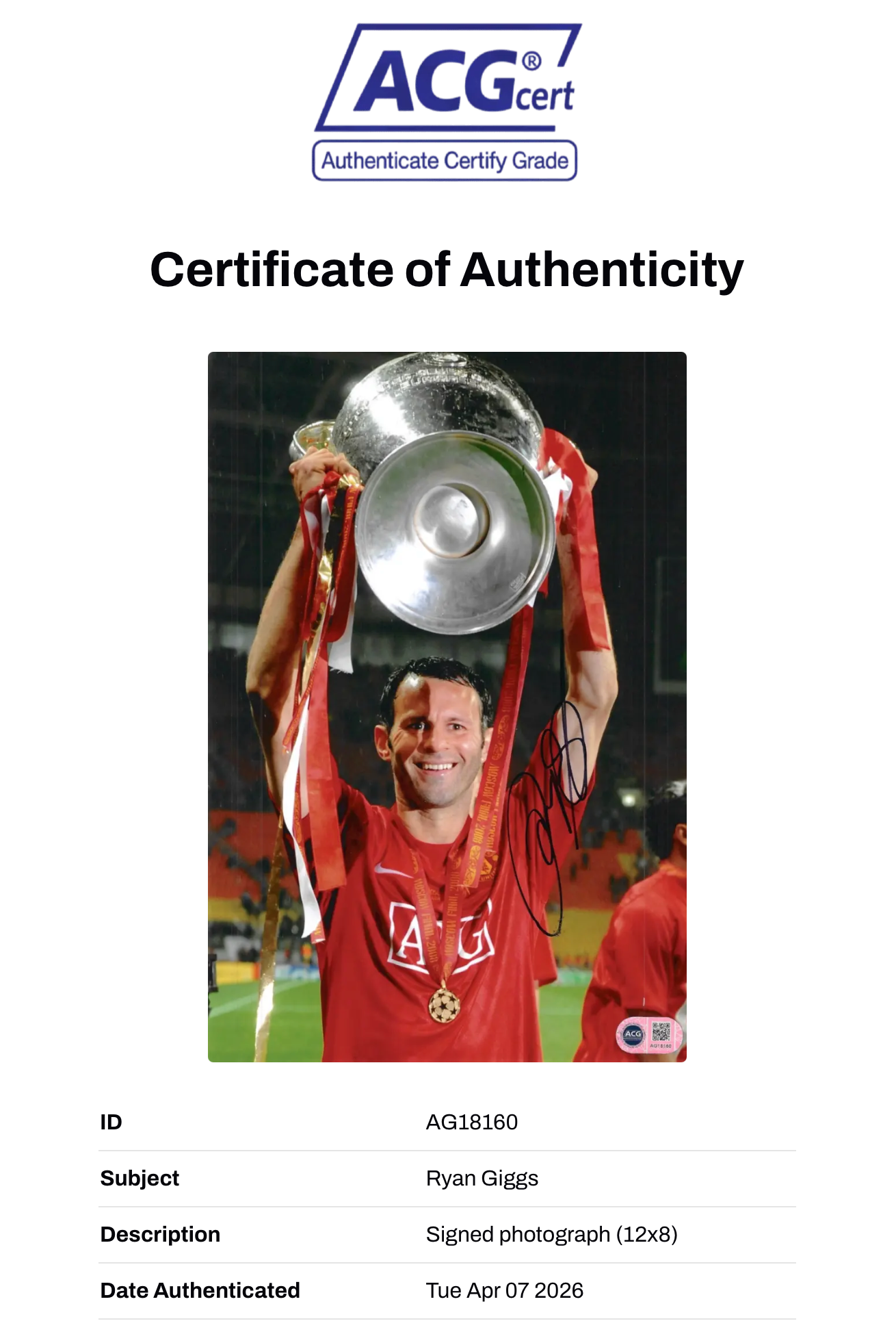 RYAN GIGGS SIGNED MANCHESTER UNITED MOSCOW 12x8 PHOTO (ACG CERT AG18160)