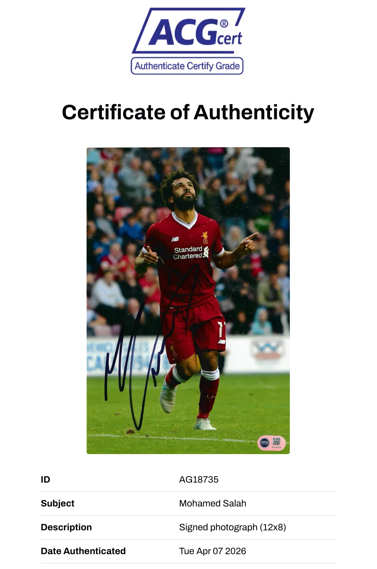MOHAMED SALAH SIGNED LIVERPOOL FC LEGEND 12x8 PHOTO (ACG CERT AG18735)