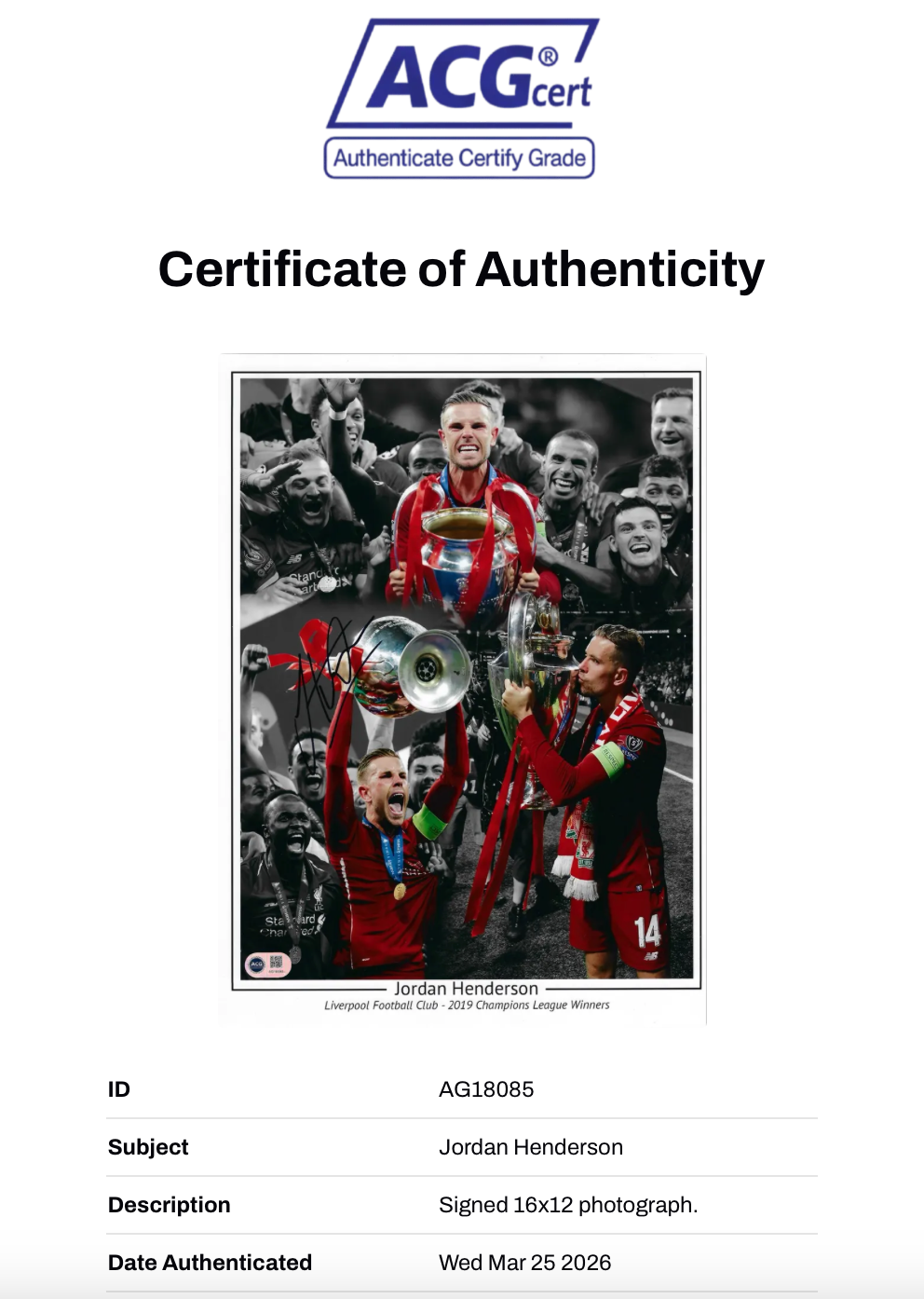 JORDAN HENDERSON SIGNED LIVERPOOL UCL FINAL 16x12 PHOTO (ACG CERT AG18085)